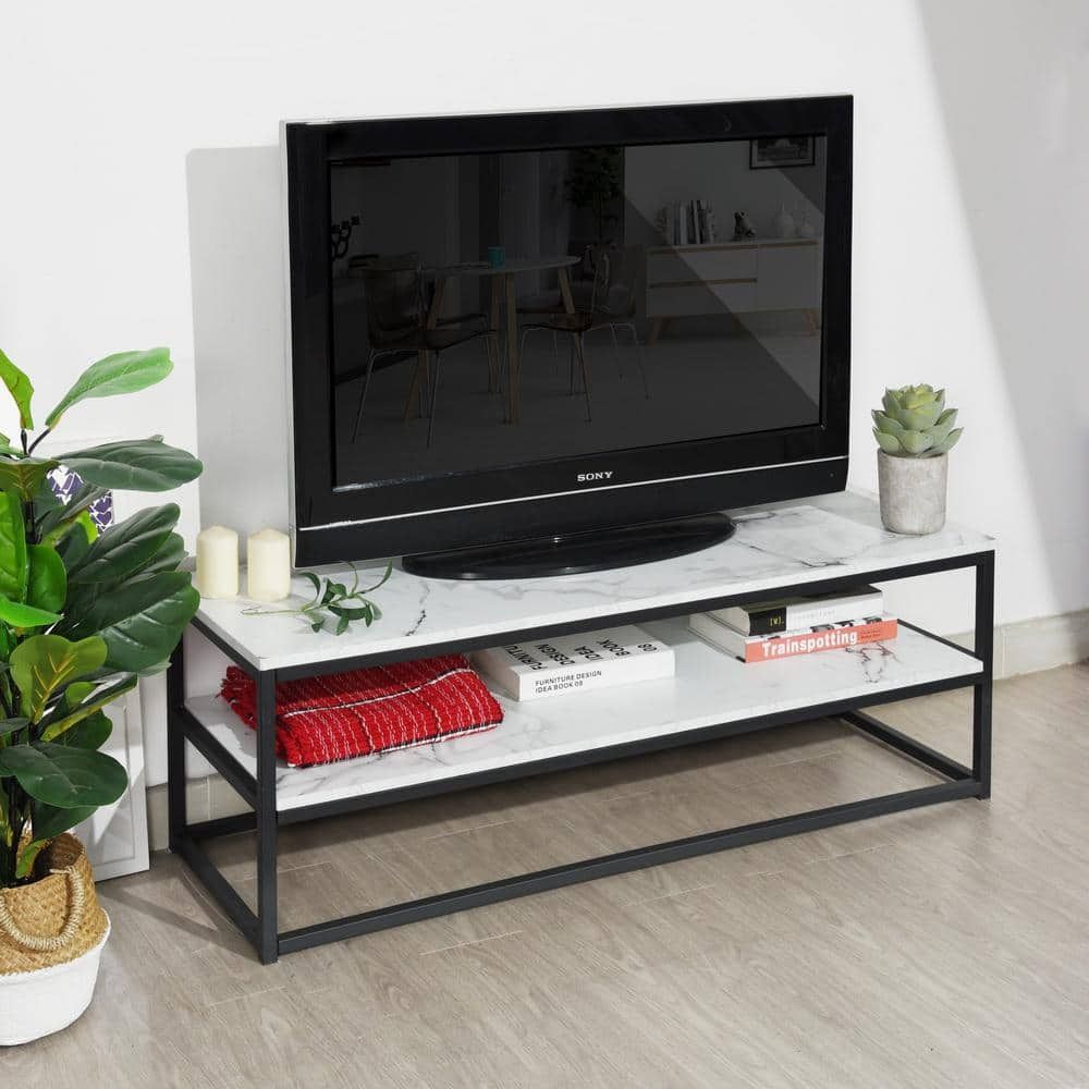 Homy Casa Facto 47.2 In. White Faux Marble Tv Stand Fits Tv's Up To 50 In.  Facto Tv Stand Marble B – The Home Depot Regarding Romain Stands For Tvs (Photo 12 of 15)