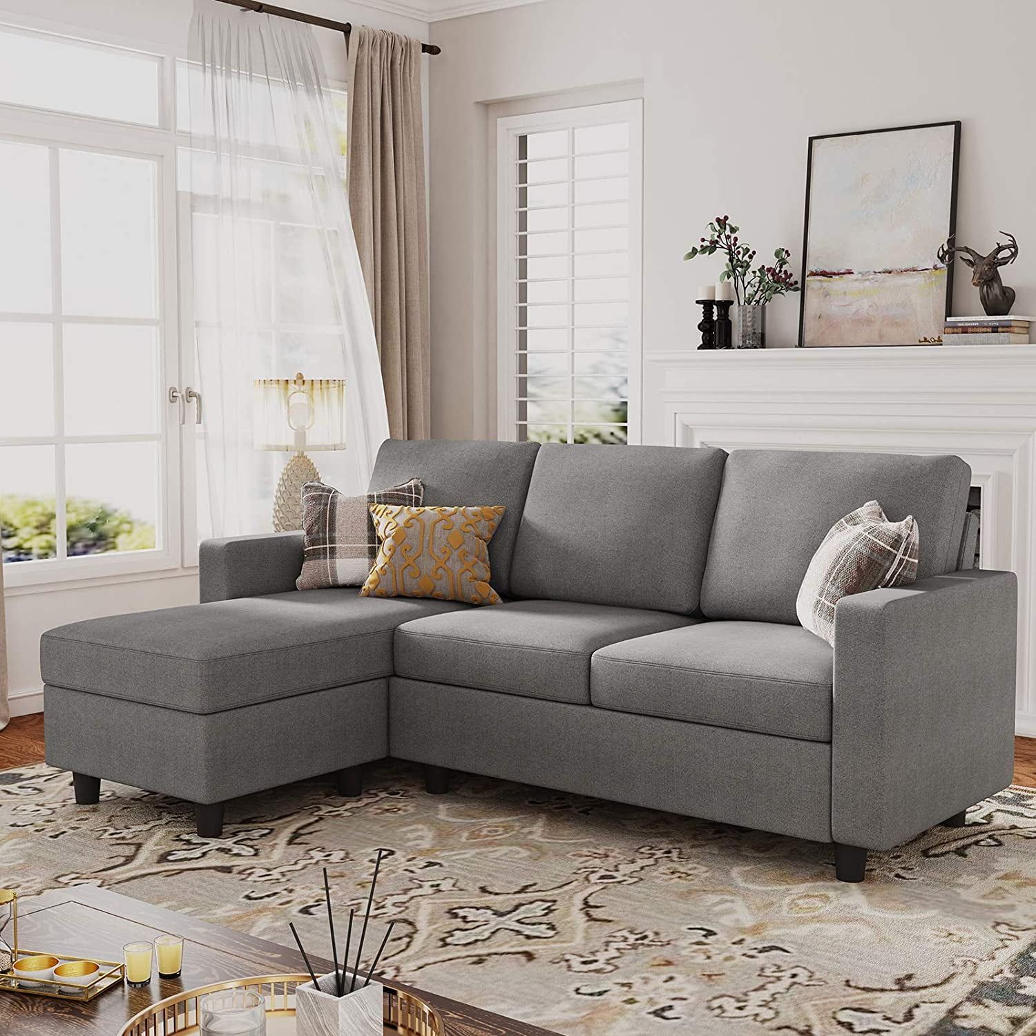 Honbay Dryades L Shaped Sectional Sofa, Gray Fabric – Walmart With Regard To Gray Linen Sofas (View 6 of 15)