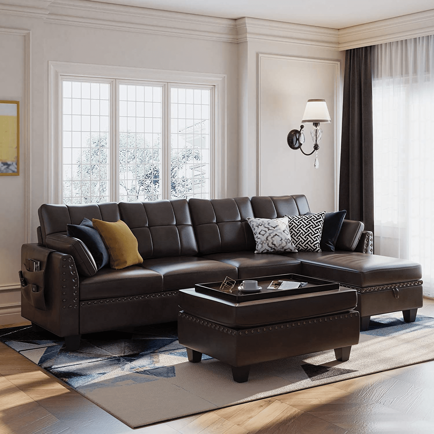 Honbay Faux Leather Sectional Sofa Set L Shaped Couch With Chaise & Ottoman  Brown For Living Room – Walmart In Faux Leather Sectional Sofa Sets (View 2 of 15)