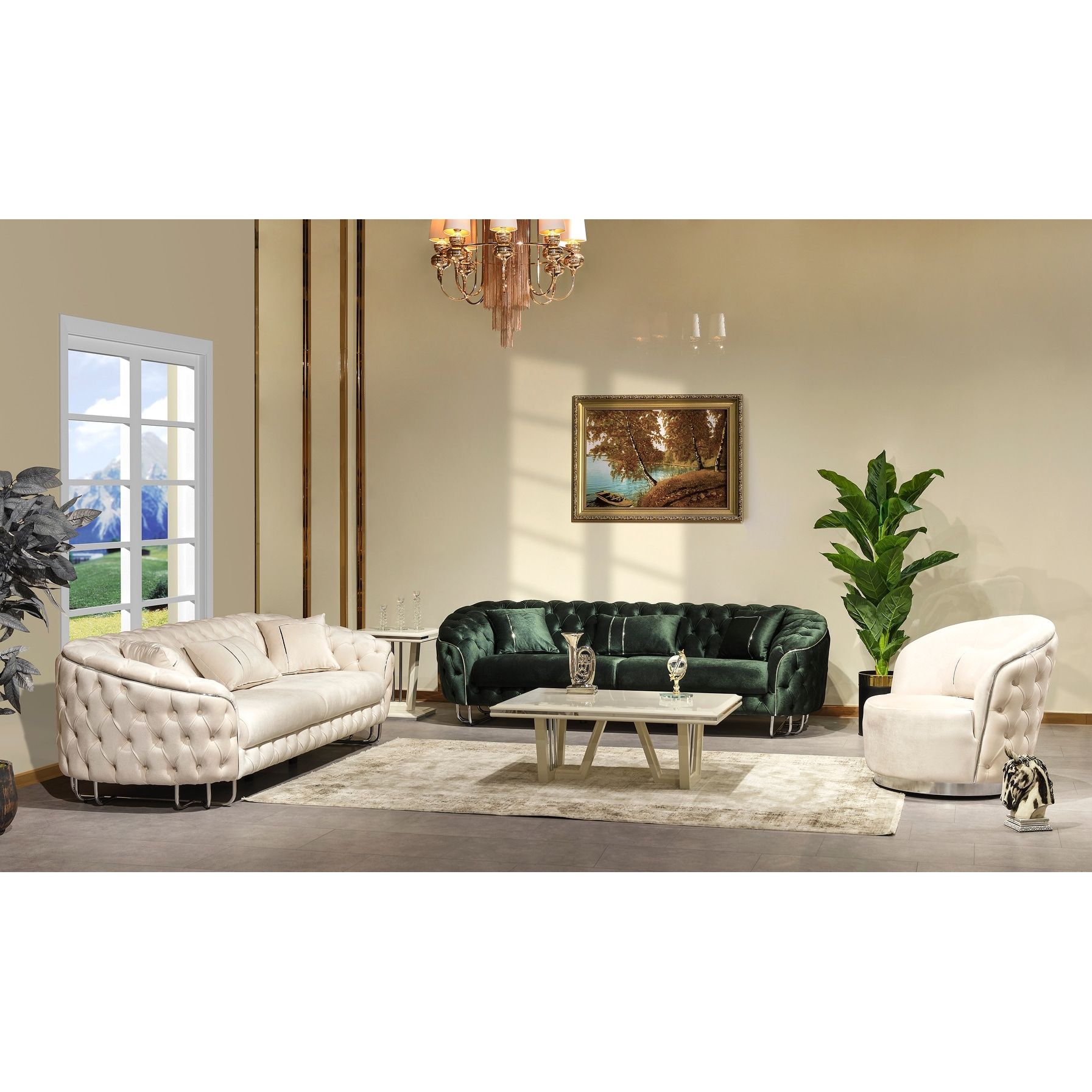 Hop 3 Piece Living Room Set, Green Sofa, Cream Sofa And Cream Chair – Bed  Bath & Beyond – 36967633 Regarding Sofas In Cream (View 10 of 15)