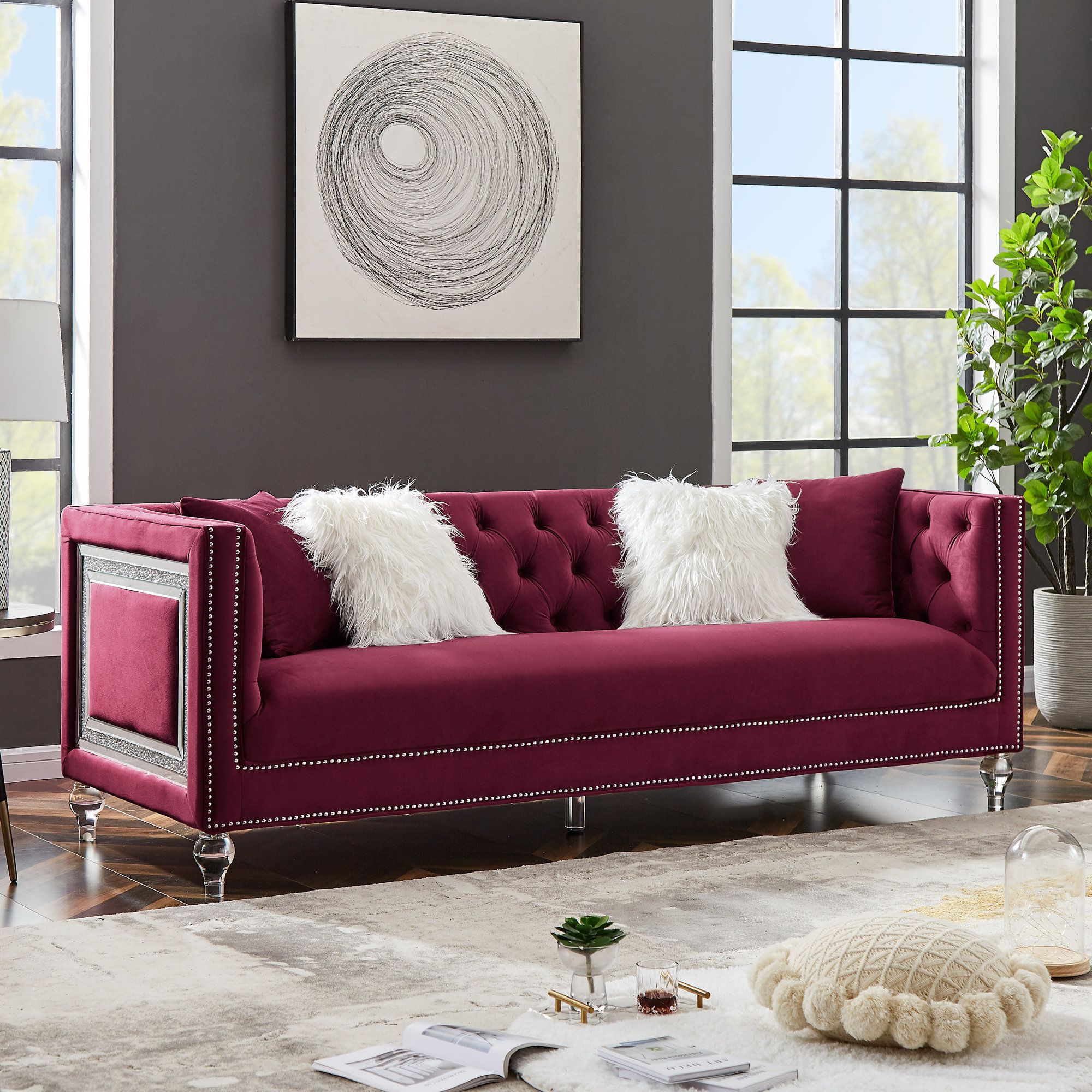 House Of Hampton® Dermid 88.97"velvet Nailhead Trim Square Arm Sofa |  Wayfair Regarding Sofas With Nailhead Trim (Photo 14 of 15)