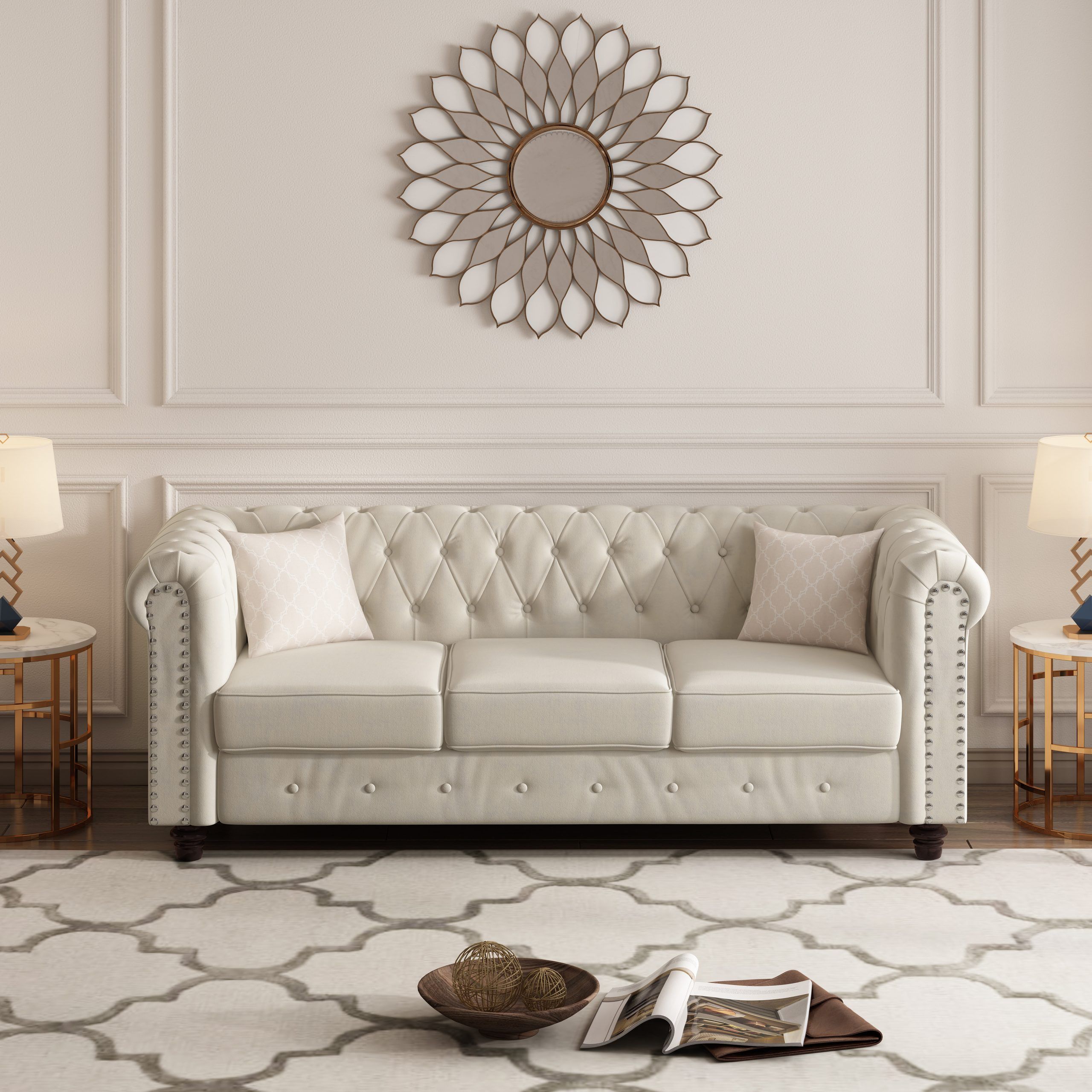 House Of Hampton® Eulau 82" Modern Beige Velvet Upholstered Sofa & Reviews  | Wayfair Within Sofas In Beige (Photo 5 of 15)