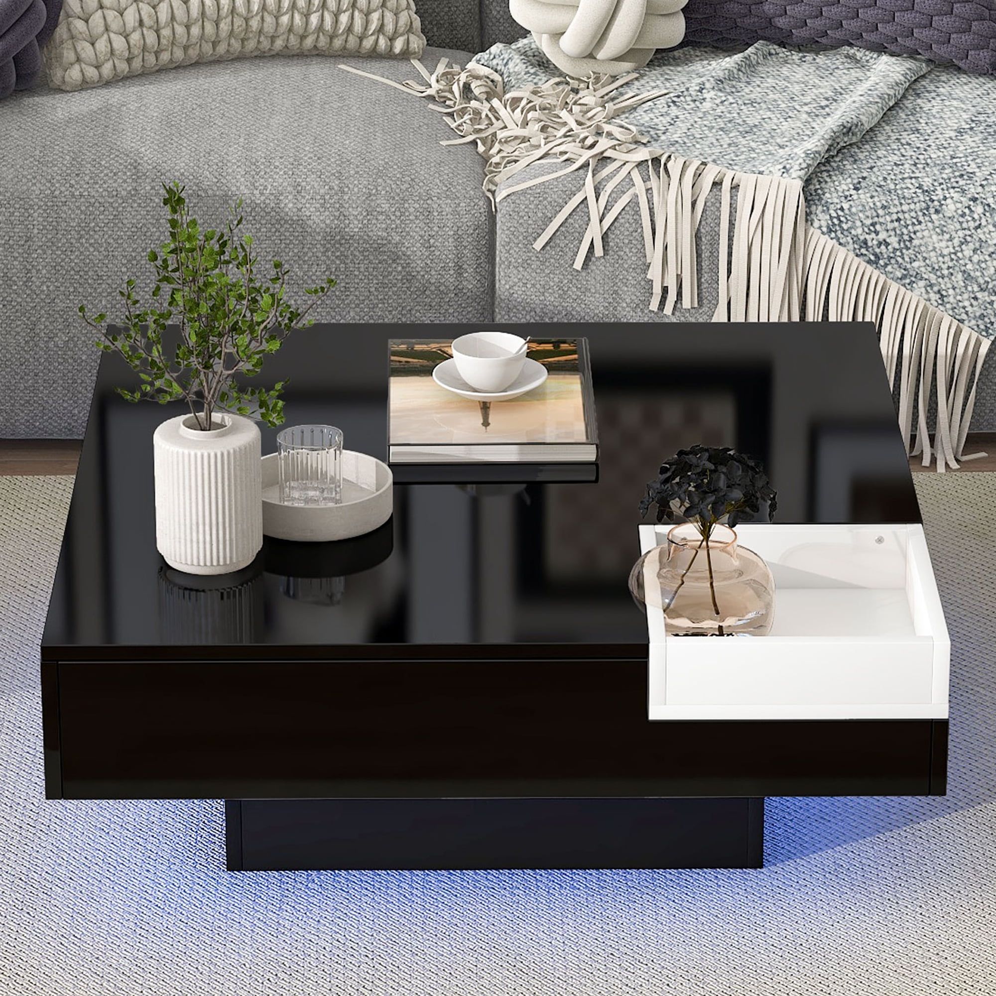 Hsunns Black Led Coffee Table With Detachable Tray, Modern High Glossy  Center Table, Square Cocktail Table, Wooden Living Room Table With 16  Colors Led Lights, Contemporary Living Room Furniture – Walmart Intended For Detachable Tray Coffee Tables (View 3 of 15)