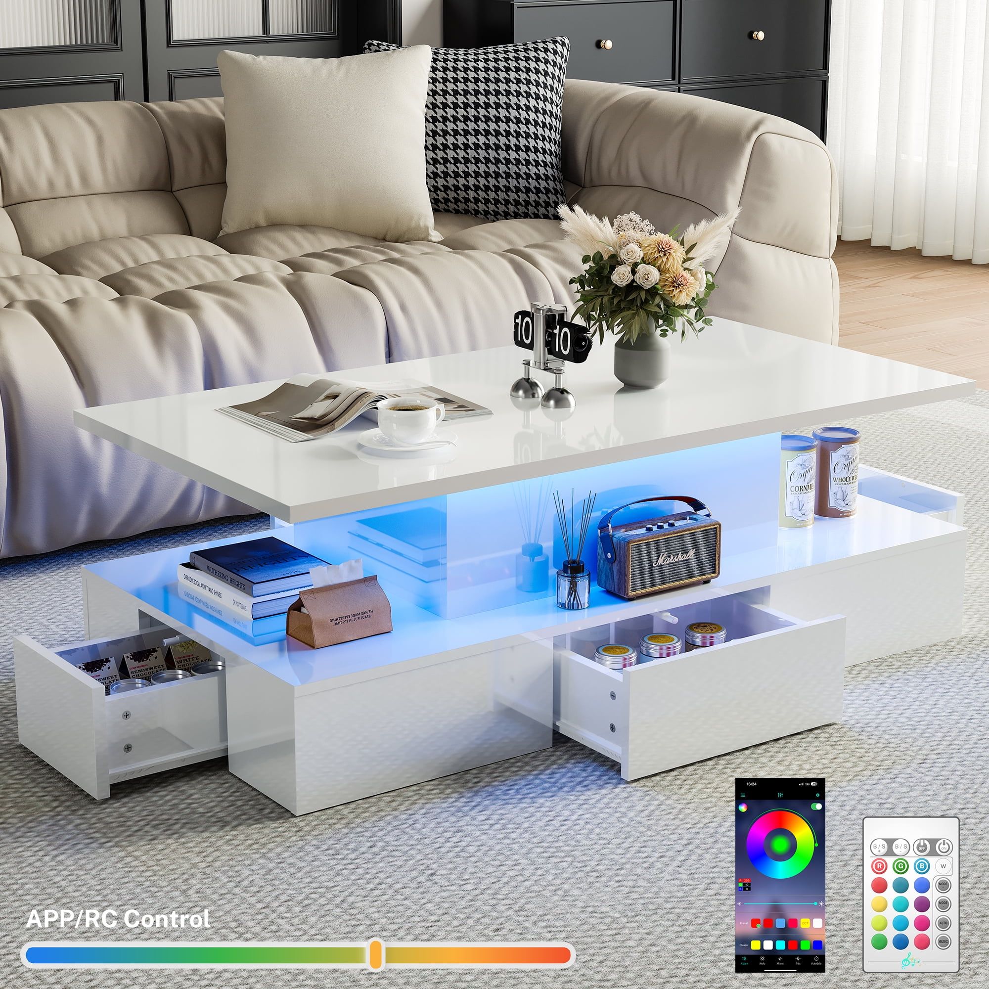 Hsunns White Led Coffee Table For Living Room, Modern High Glossy Center  Table With 4 Drawers, Smart Cocktail Table Rectangle, Sofa Side Tea Tables  With Led Lights, 40" L×24" W×15" H – Inside Led Coffee Tables With 4 Drawers (View 13 of 15)