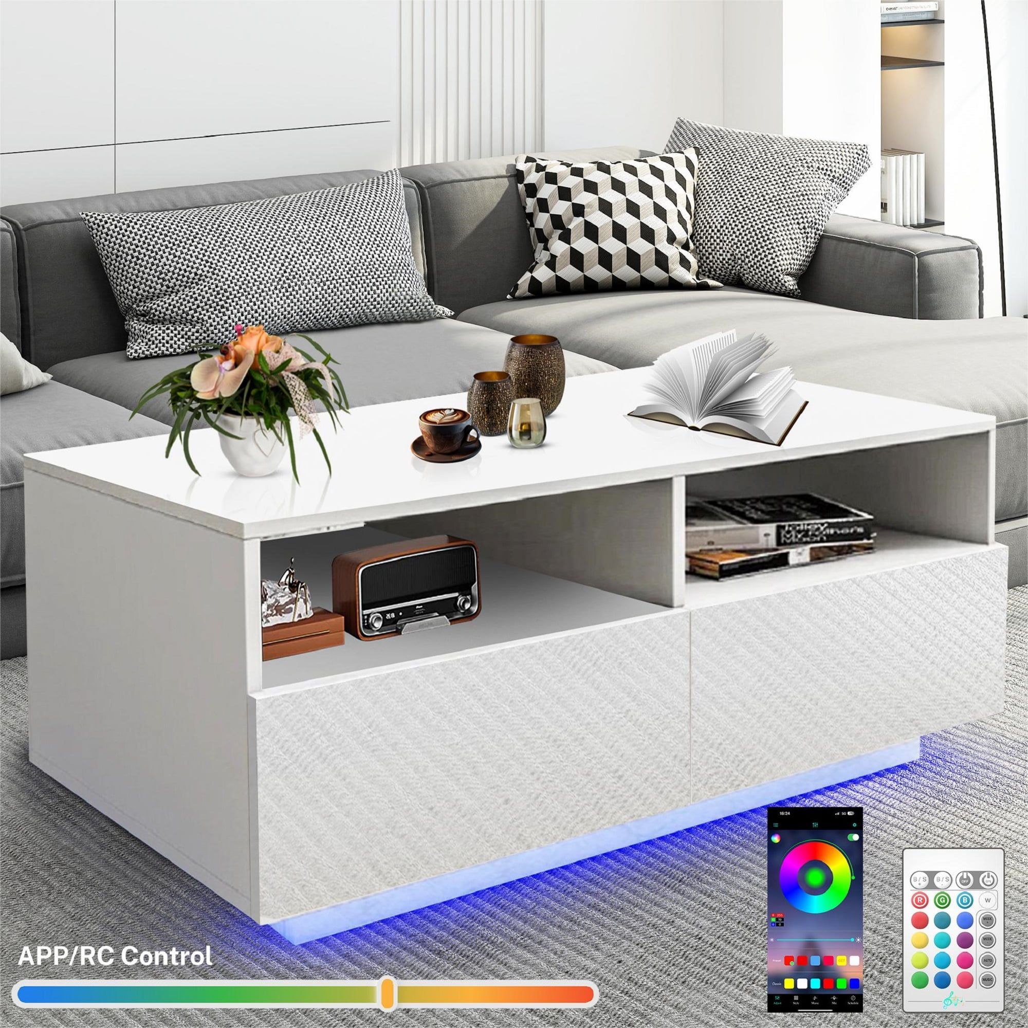 Hsunns White Led Coffee Table For Living Room, Modern High Glossy Finish  Center Table With 4 Drawers And Open Shelves, Smart Cocktail Table  Rectangle, Sofa Side Tea Tables With Led Lights – Pertaining To Led Coffee Tables With 4 Drawers (View 9 of 15)