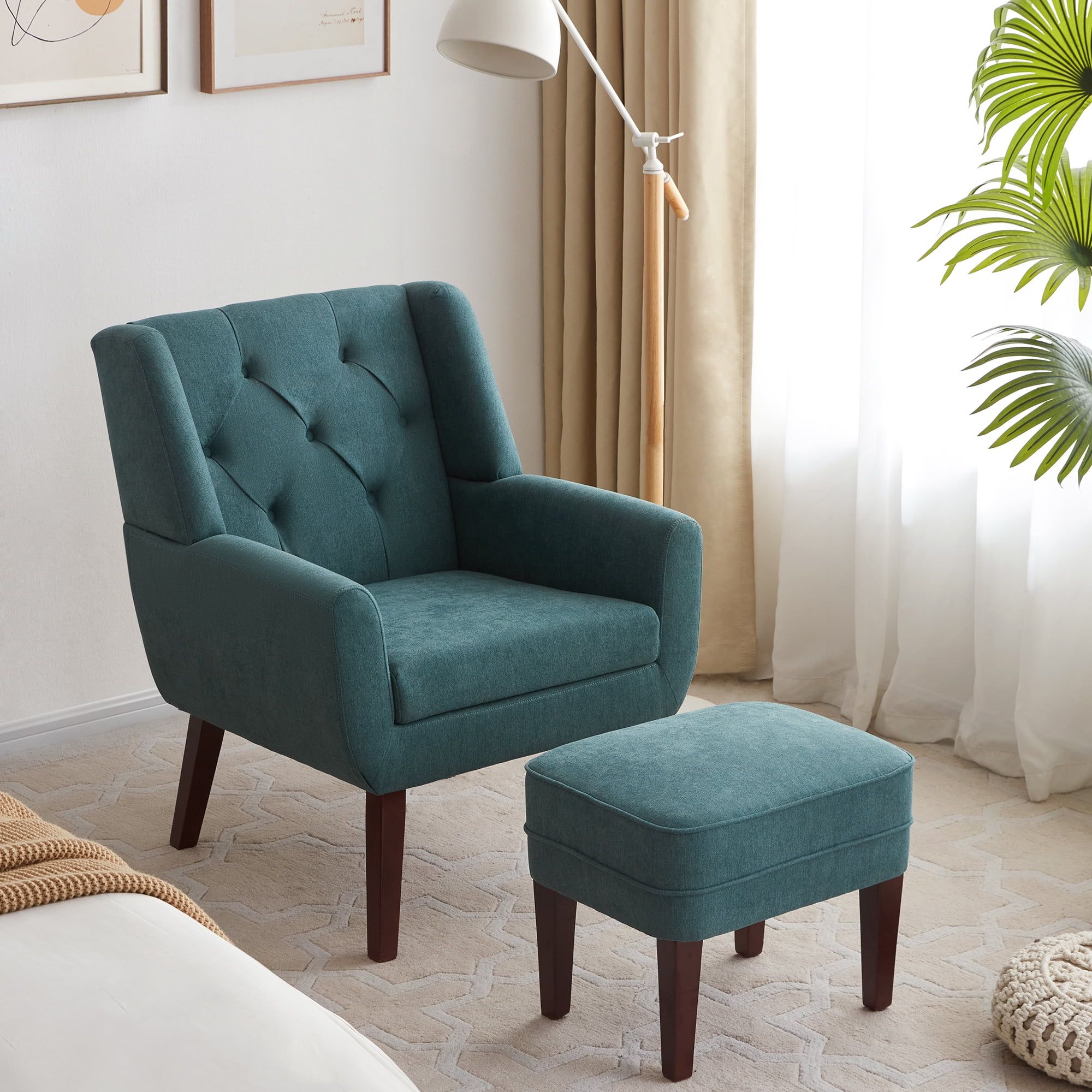 Huimo Accent Chair With Ottoman,mid Century Modern Upholstered Button  Tufted Armchair, Linen Fabric Sofa Comfy Reading Chairs For Living Room,  Bedroom,reception Room(dark Teal) – Walmart For Comfy Reading Armchairs (View 6 of 15)