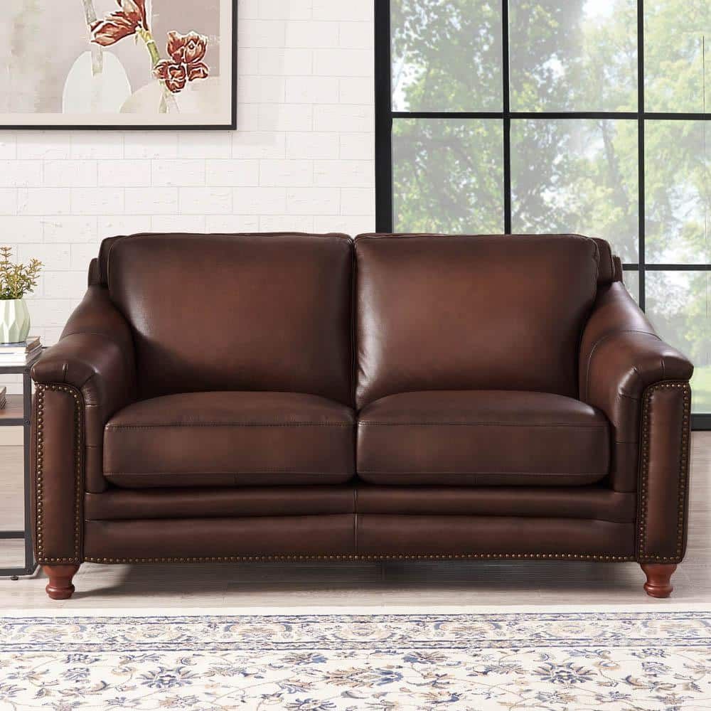 Hydeline Belfast 66.5 In. Brown Solid Top Grain Leather 2 Seater Loveseat  With Removable Cushions 6991 20 1866a – The Home Depot With Regard To Top Grain Leather Loveseats (Photo 8 of 15)