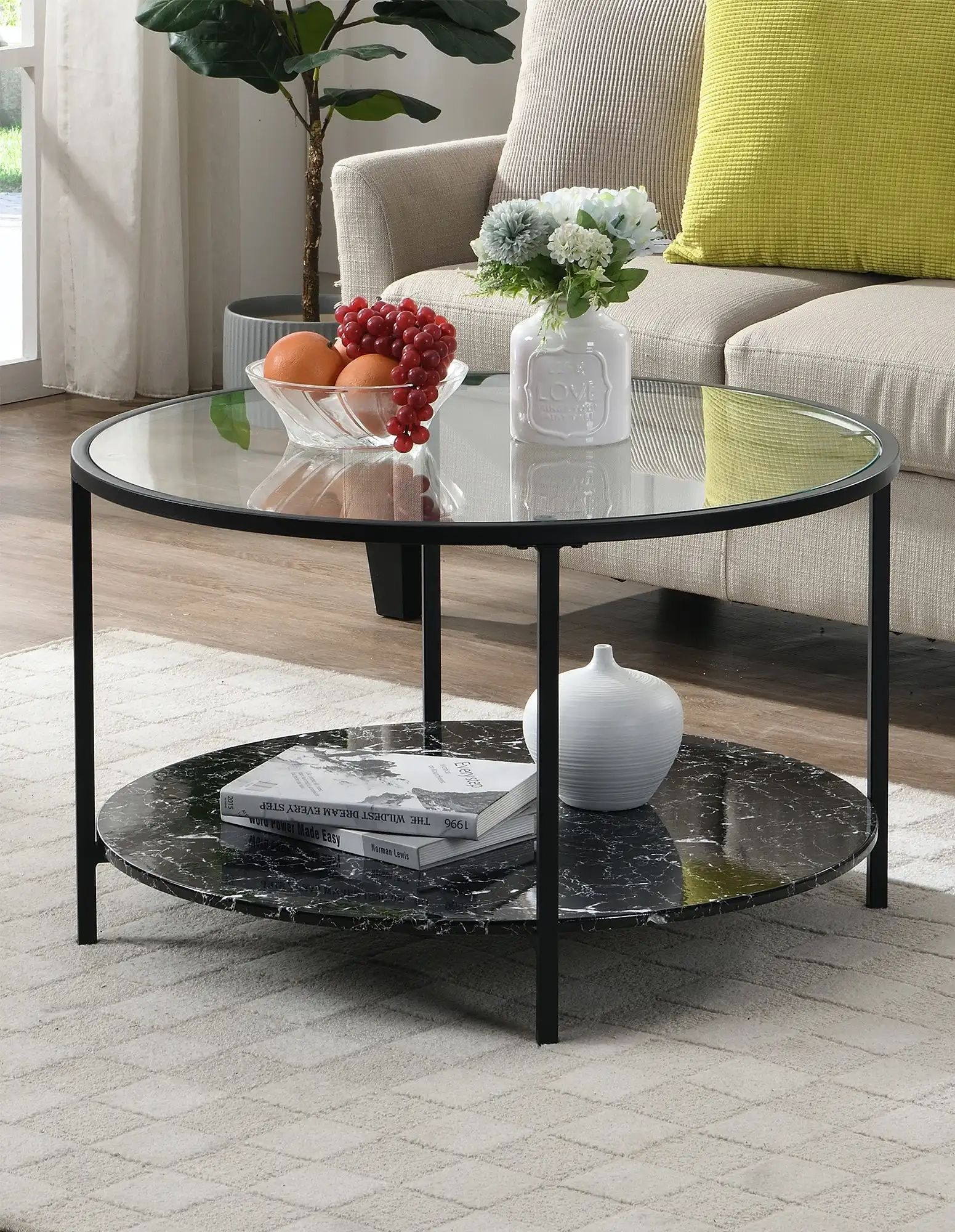 Ihomdec 2 Tier Coffee Tables Metal Frame With Tempered Glass Top And Marble  Style Bottom Black/transparent | Ihomdec | Lasoo In Tempered Glass Oval Side Tables (View 14 of 15)