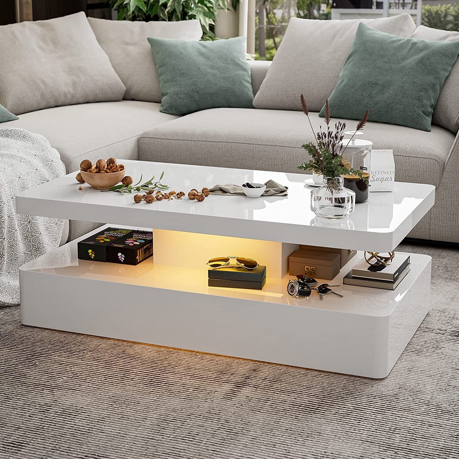 Ikifly Modern Glossy White Coffee Table W/led Lighting, Contemporary  Rectangle Design Living Room Furniture Mdf, 2 Tiers – Walmart Regarding Glossy Finished Metal Coffee Tables (View 15 of 15)