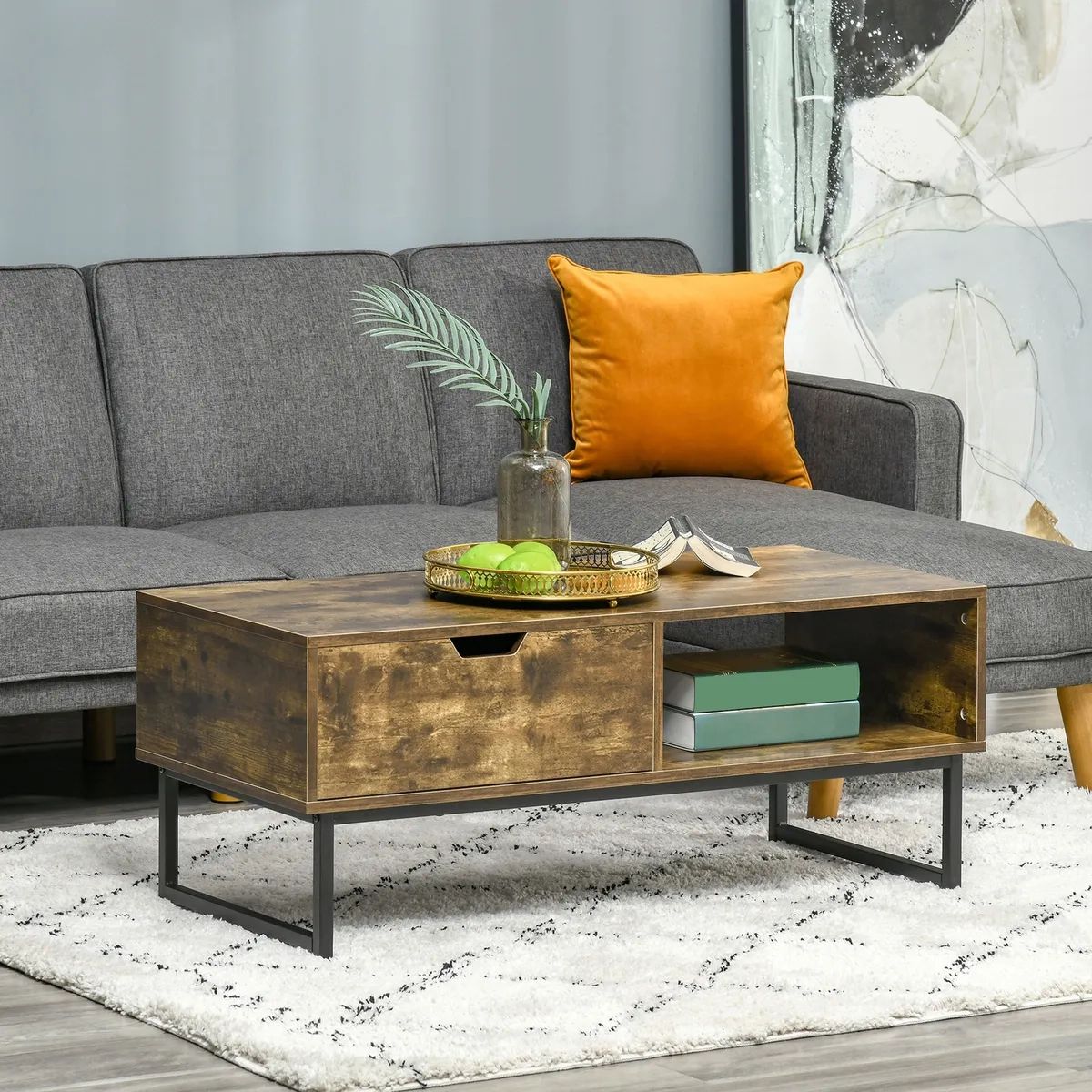 Industrial Coffee Table With Shortage Shelf & Drawer End Table Metal Frame  Brown | Ebay Intended For Metal 1 Shelf Coffee Tables (View 5 of 15)