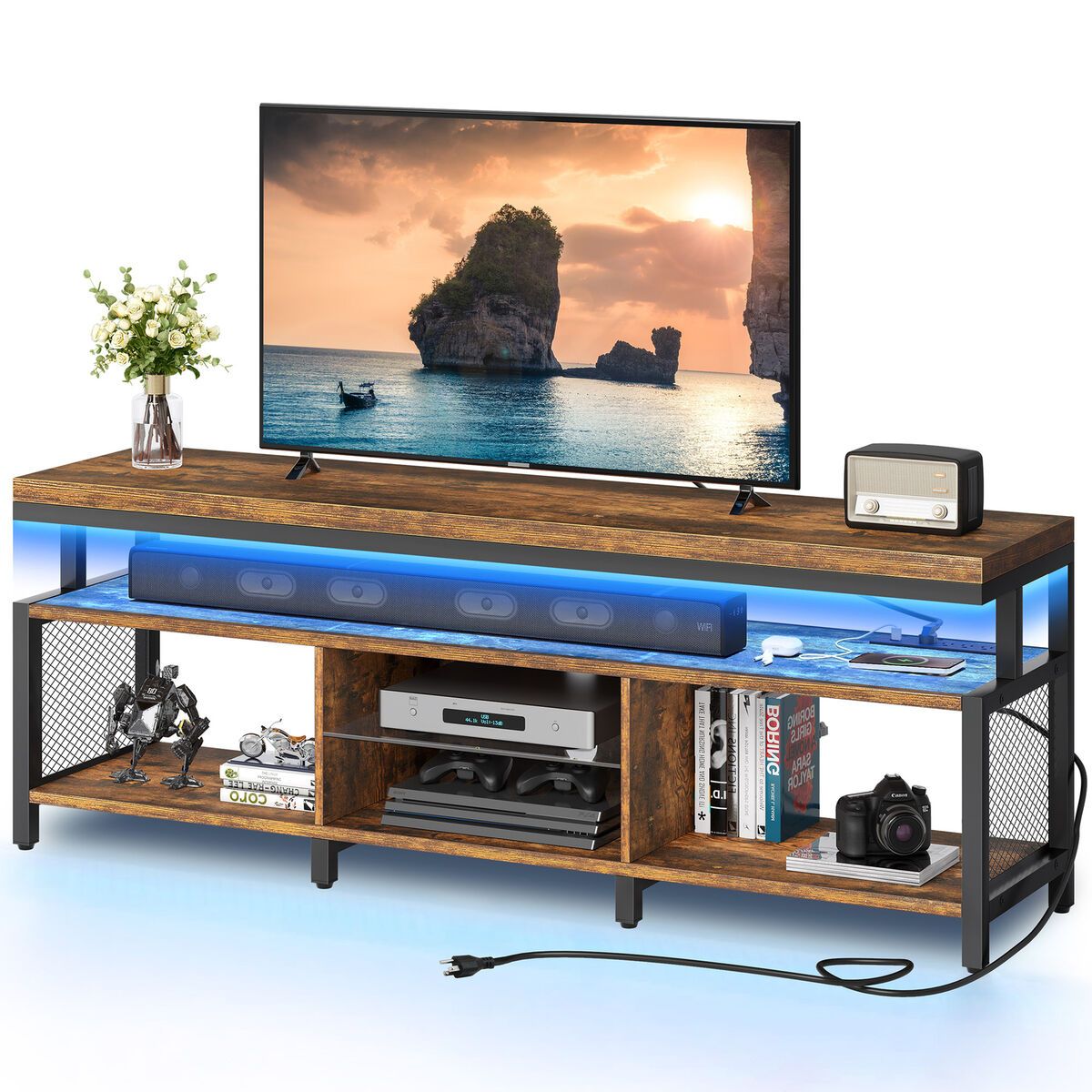 Industrial Led Tv Stand With Power Outlet Media Console For 50/60/65/70" Tvs  | Ebay In Led Tv Stands With Outlet (Photo 1 of 15)