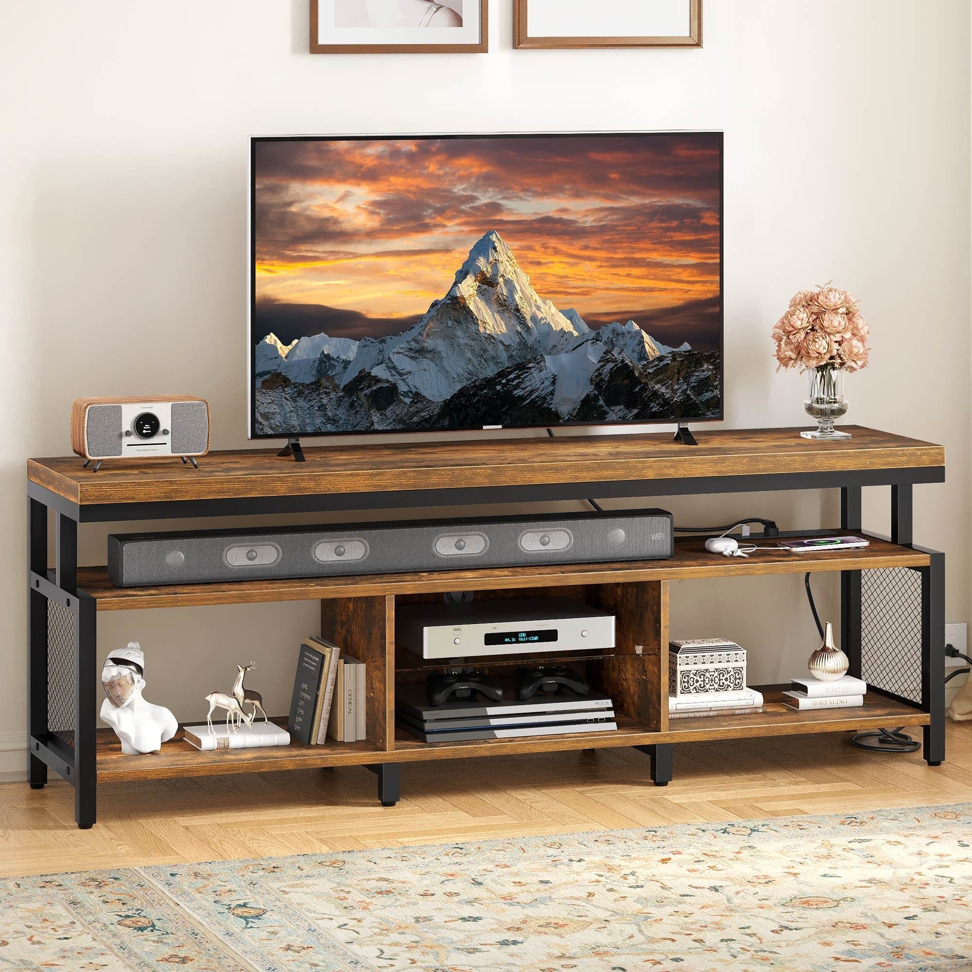 Industrial Wood Tv Stand With Led Light With Open Storage Shelves Power  Outlets Bluetooth Remote – Bed Bath & Beyond – 37609335 For Tv Stands With Led Lights &amp; Power Outlet (View 7 of 15)