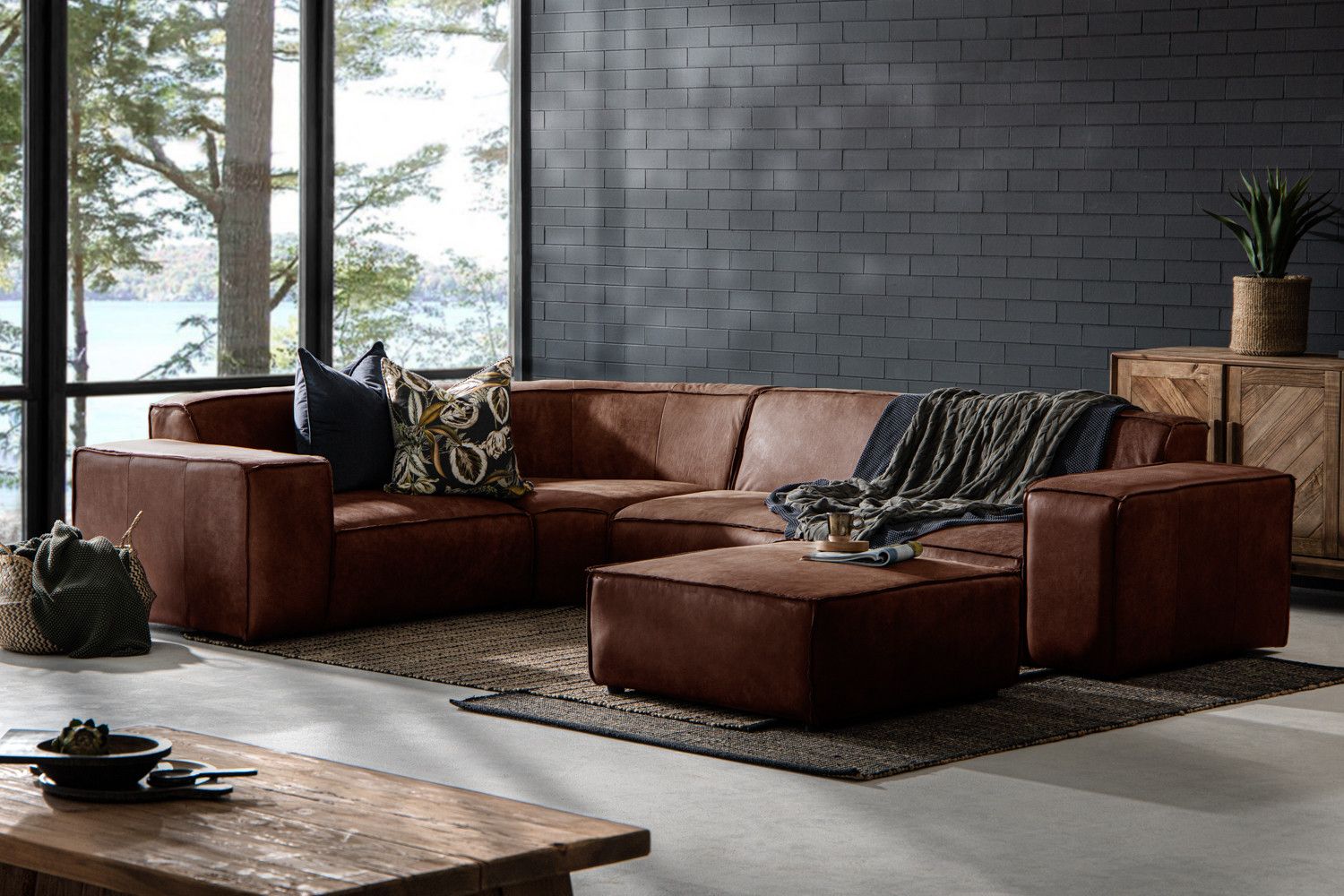 Jagger Leather Modular – Corner Couch With Ottoman – Spice | Cielo Within Sofas With Ottomans (Photo 7 of 15)