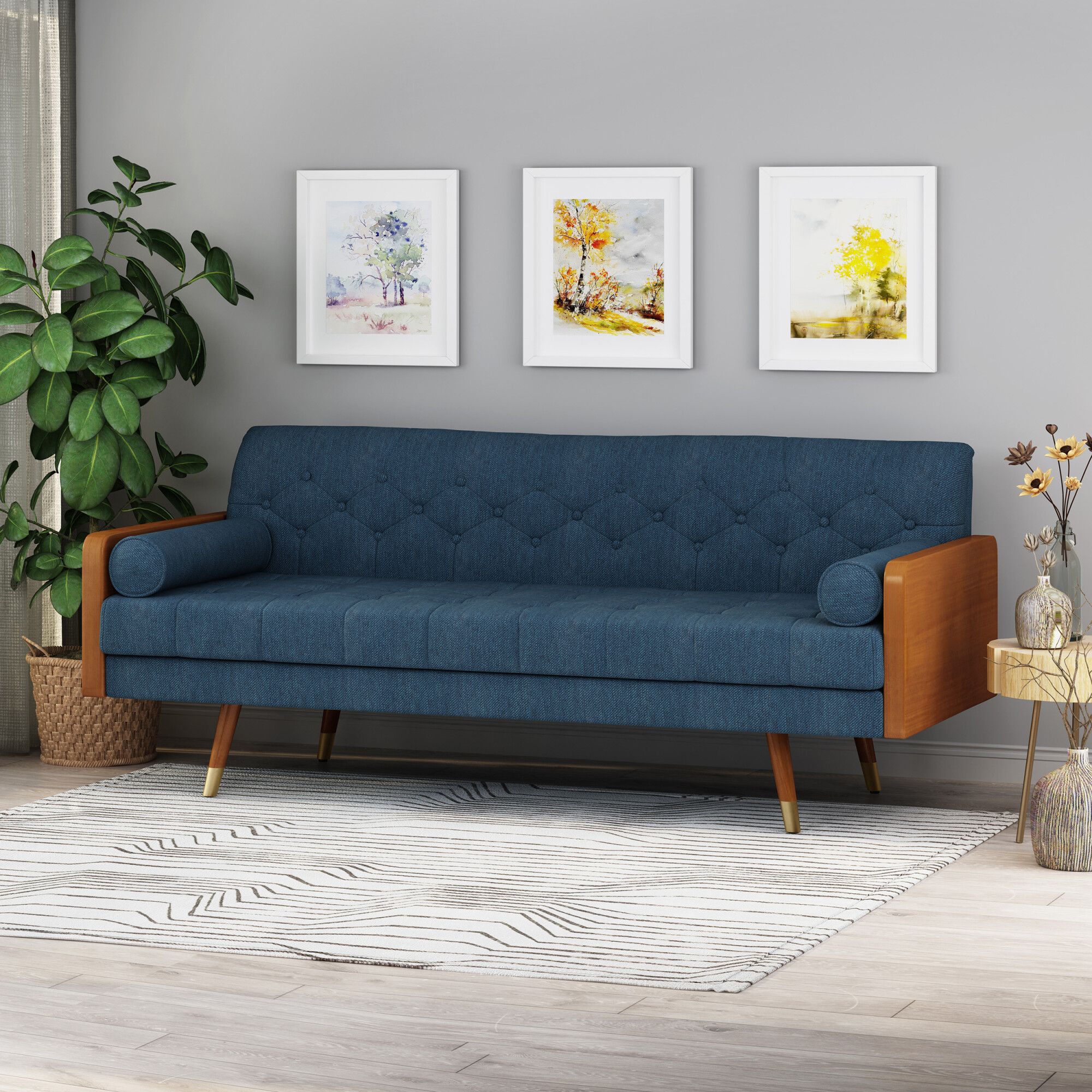 Jalon Mid Century Modern Tufted Fabric Sofa, Navy Blue And Dark Walnut In  Navy Blue/dark Walnutnoble House Within Mid Century Modern Sofas (Photo 2 of 15)