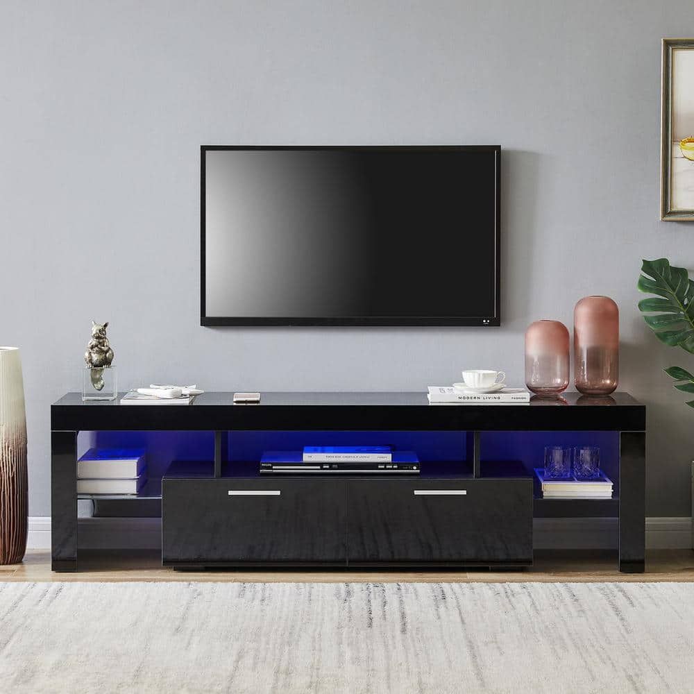 J&e Home 63 In. Black Modern Tv Stand With Led Lights And 2 Storage Drawers  Fits Tv's Up To 65 In Gd W67933435 – The Home Depot For Rgb Entertainment Centers Black (Photo 12 of 15)
