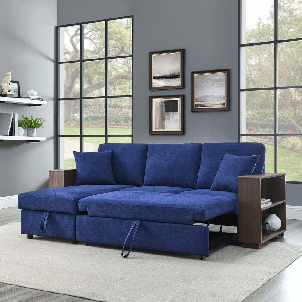 J&e Home 85 In. W Navy Color Polyester Fabric Full Size 3 Seats Reversible Sectional  Sofa Bed With Storage Gd W487s00010 – The Home Depot With Navy Sleeper Sofa Couches (Photo 2 of 15)