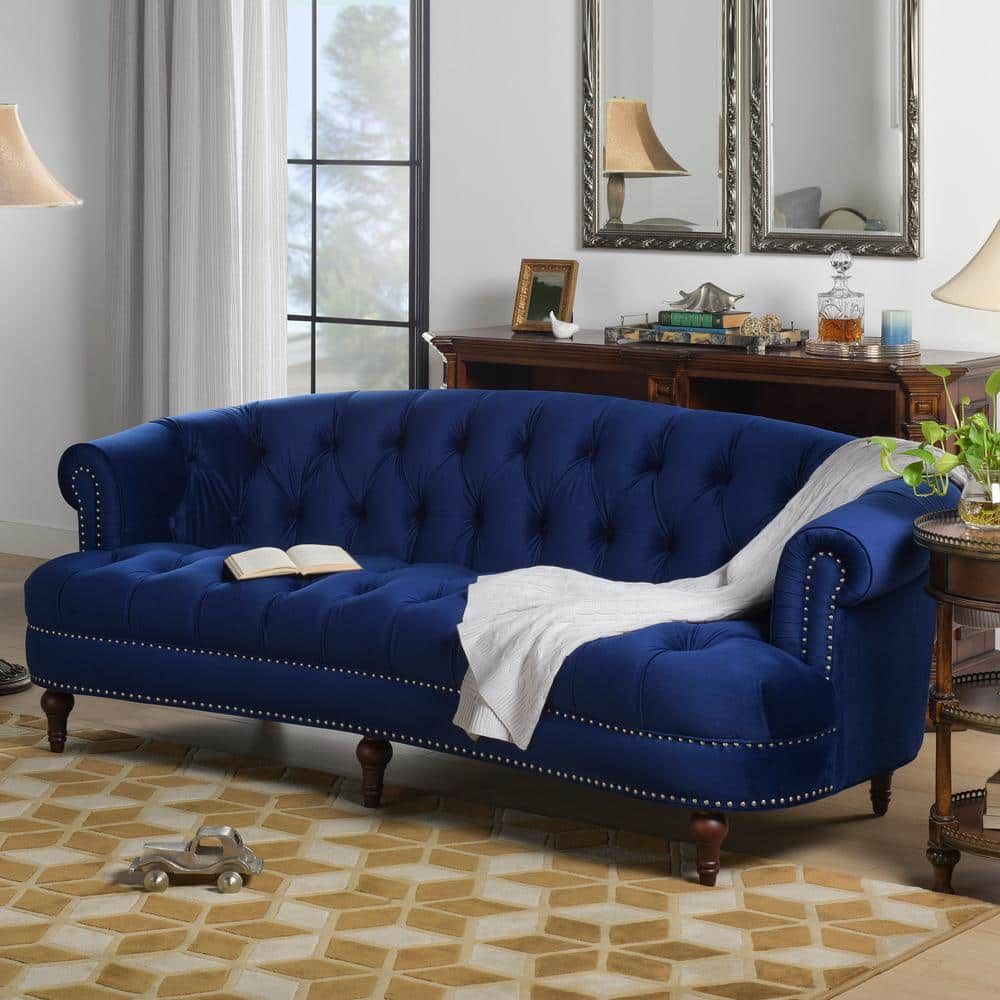 Jennifer Taylor La Rosa 85 In. Navy Blue Velvet 3 Seater Chesterfield Sofa  With Nailheads 2525 3 859 – The Home Depot Regarding Sofas In Blue (Photo 1 of 15)