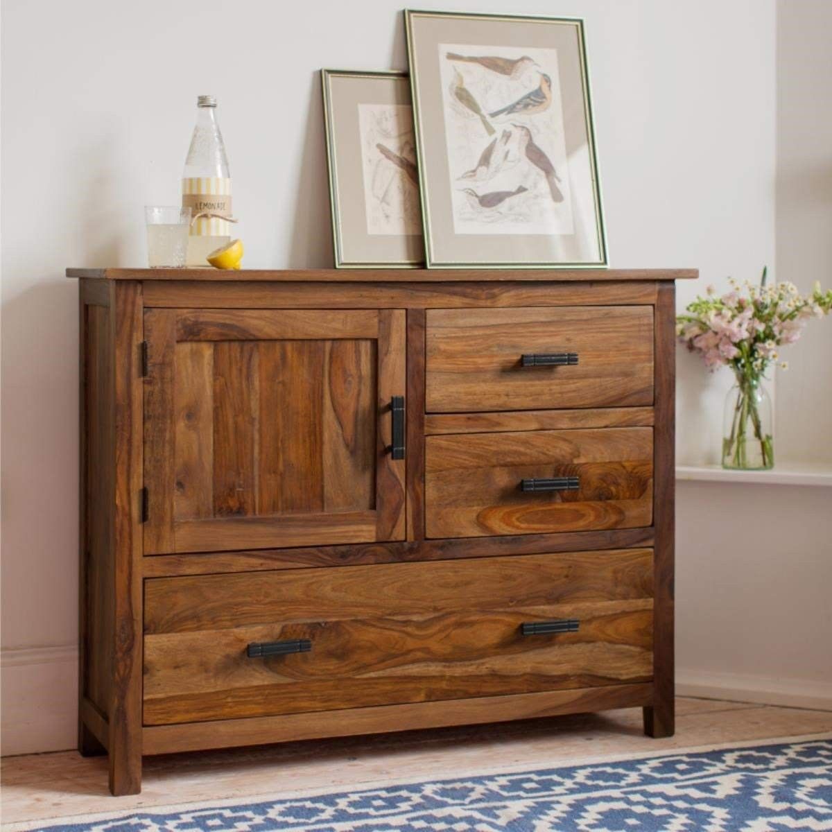 Jett Sheesham Wood Sideboard Cabinet For Living Room Furniture 3 Drawers 1 Cabinet  Storage Natural Honey Finish – Shagun Arts Regarding Wood Cabinet With Drawers (View 8 of 15)