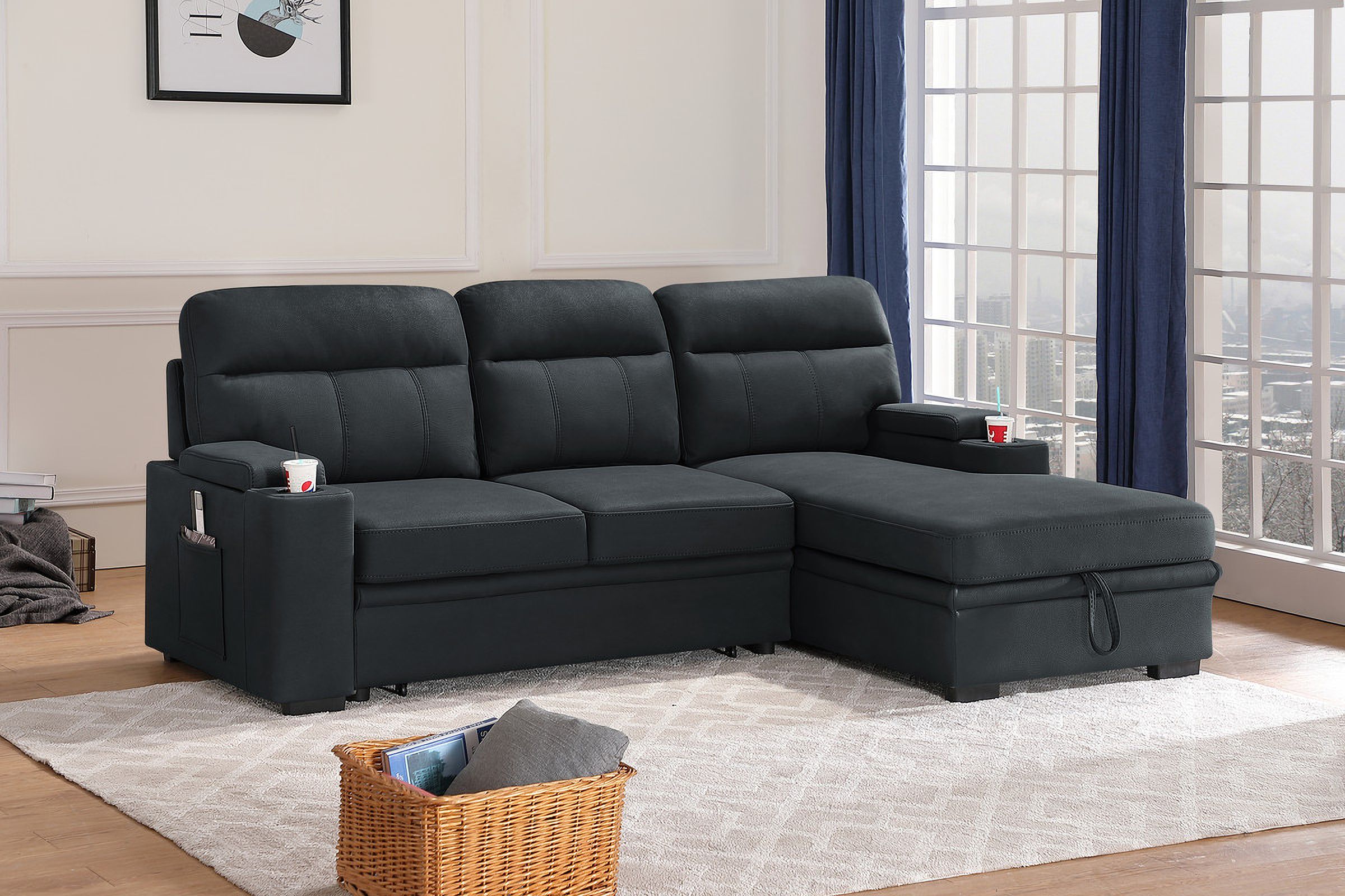 Kaden Black Fabric Sleeper Sectional Sofa Chaise With Storage Arms And  Cupholderlilola Home | 1stopbedrooms With Regard To Left Or Right Facing Sleeper Sectionals (View 13 of 15)