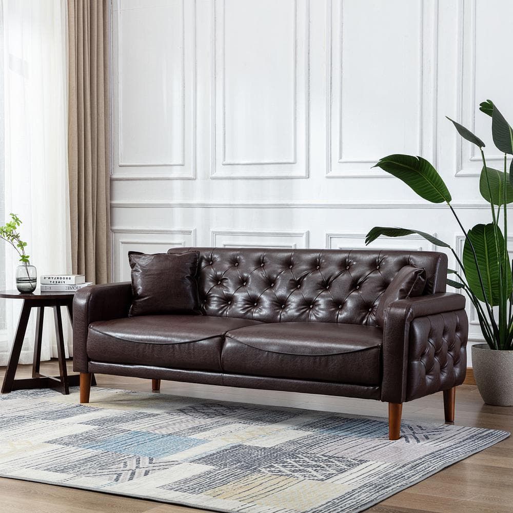 Kinwell 78 In. Wide Square Arm Faux Leather Mid Century Modern Straight  Tufted Sofa With Pillows In Brown Hx2047bn – The Home Depot In Faux Leather Sofas In Chocolate Brown (Photo 5 of 15)