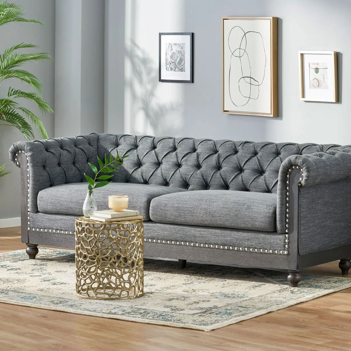 Kinzie Chesterfield Tufted Fabric 3 Seater Sofa With Nailhead Trim | Ebay Intended For Sofas With Nailhead Trim (View 9 of 15)