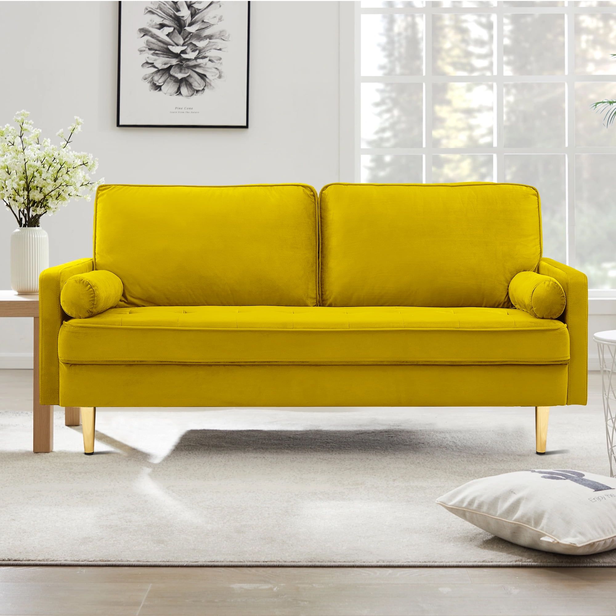 Kowilk Velvet Loveseat Sofa, 66.9'' Mid Century Modern Small Love Seats  With 2 Pillows & Golden Legs Comfy Couch For Living Room, Upholstered 2  Seater Sofa For Small Apartment ,yellow – Walmart Regarding Small Love Seats In Velvet (Photo 7 of 15)
