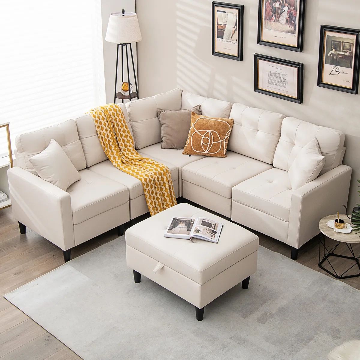 L Shaped Sectional Corner Sofa Set W/ Removable Ottoman & Seat Cushions  Beige | Ebay Pertaining To Beige L Shaped Sectional Sofas (Photo 5 of 15)