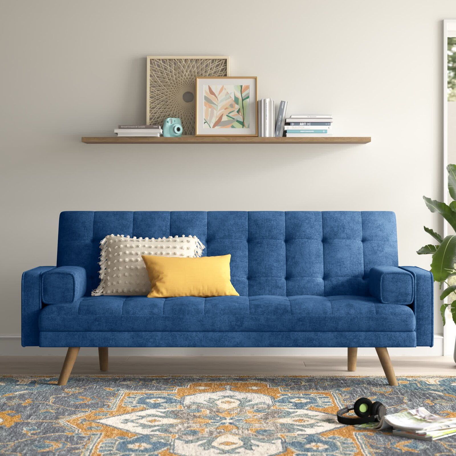 Lacoo Modern Linen Fabric Futon Sofa Bed With Pillows, 76" Blue –  Walmart Within Modern Blue Linen Sofas (View 6 of 15)