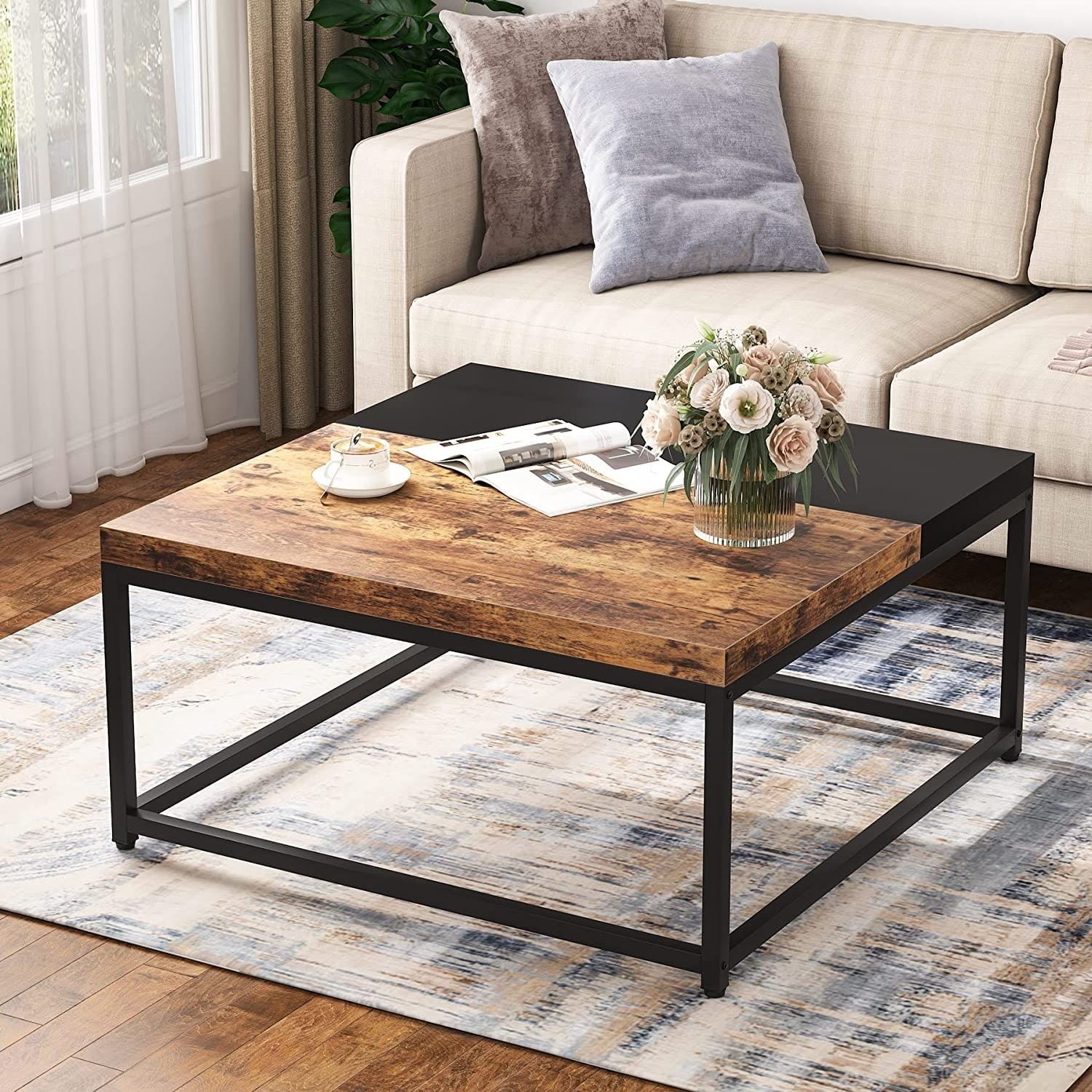 Large Coffee Table, Square Cocktail Table For Living Room Rustic Brown –  40"w Undefined 40"d Undefined 20"h – Bed Bath & Beyond – 35348388 Throughout Transitional Square Coffee Tables (Photo 10 of 15)