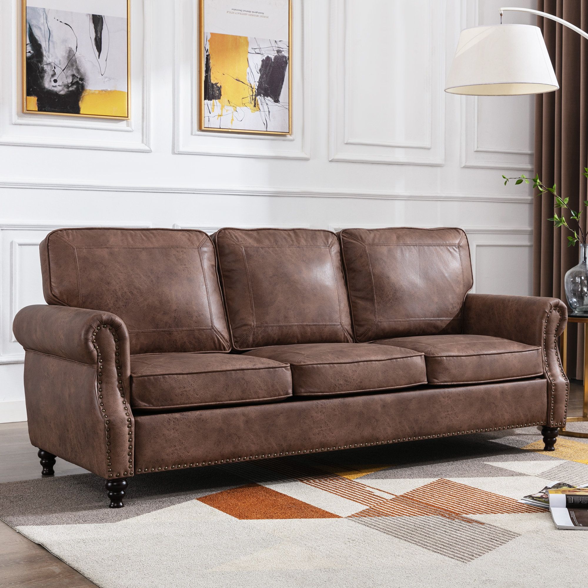 Lark Manor Amarius 80" Wide Faux Leather Rolled Arm Sofa & Reviews | Wayfair With Faux Leather Sofas In Chocolate Brown (View 6 of 15)