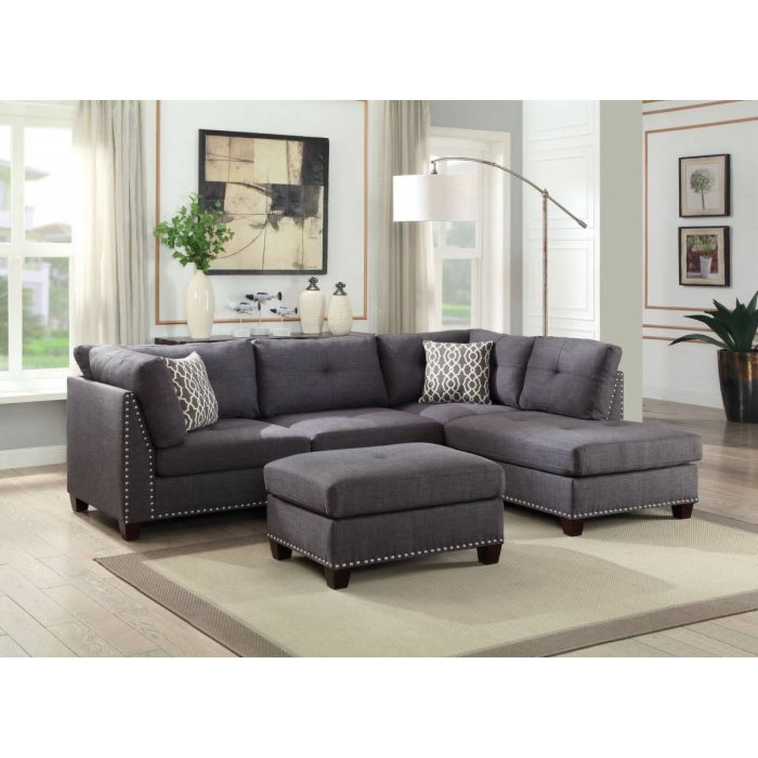 Laurissa Sectional Sofa & Ottoman (2 Pillows) In Light Charcoal Linen For Light Charcoal Linen Sofas (View 3 of 15)