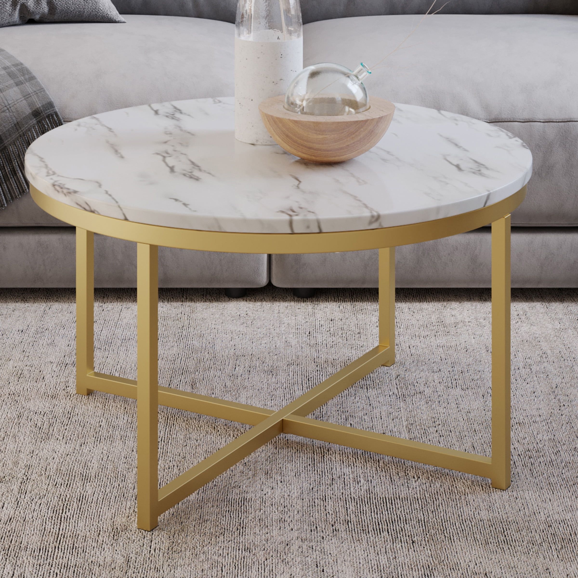 Lavish Home Round Coffee Table With Faux Marble Top And Metal Crossbeam  Base, White/gold – Walmart Within Modern Round Faux Marble Coffee Tables (View 11 of 15)
