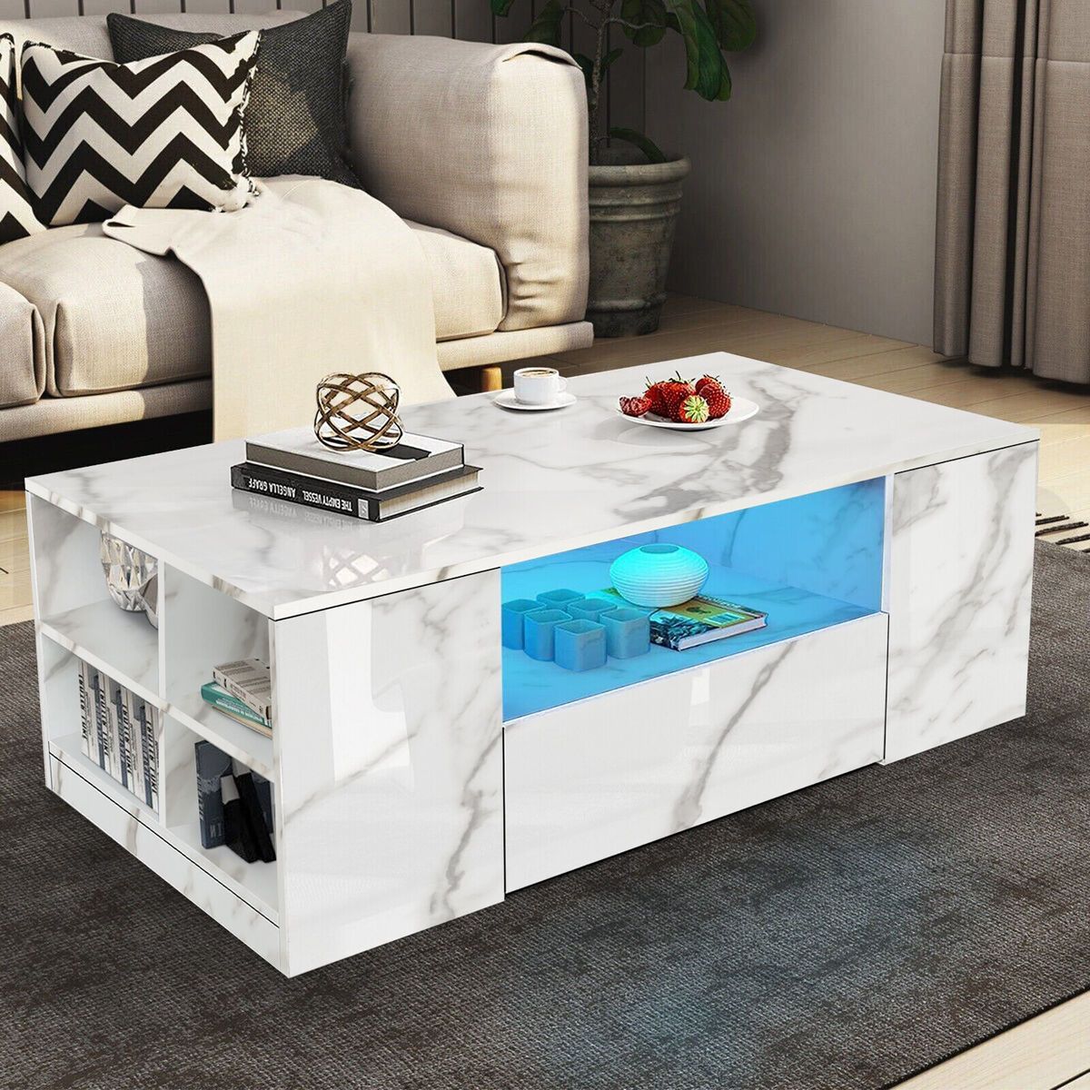 Led Coffee Table Wooden 2 Drawer Storage High Gloss Modern Living Room  Furniture | Ebay With Regard To Led Coffee Tables With 4 Drawers (View 8 of 15)