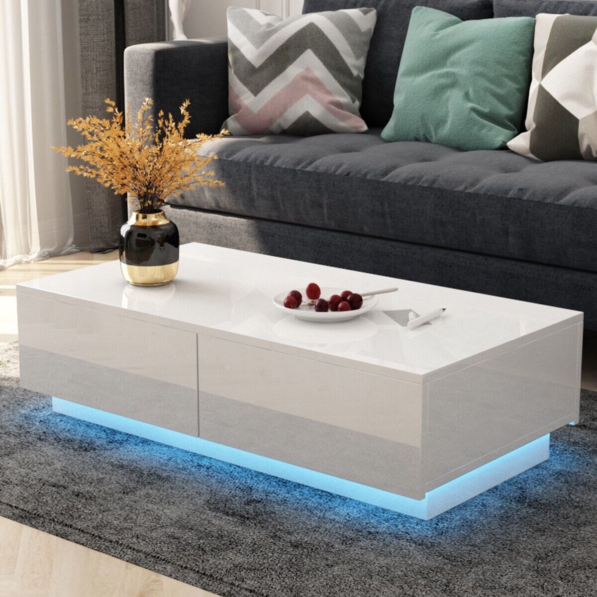 Led Coffee Tables W 4 Drawers High Gloss Side Table Center Table Living  Room Set | Ebay Intended For Led Coffee Tables With 4 Drawers (Photo 11 of 15)
