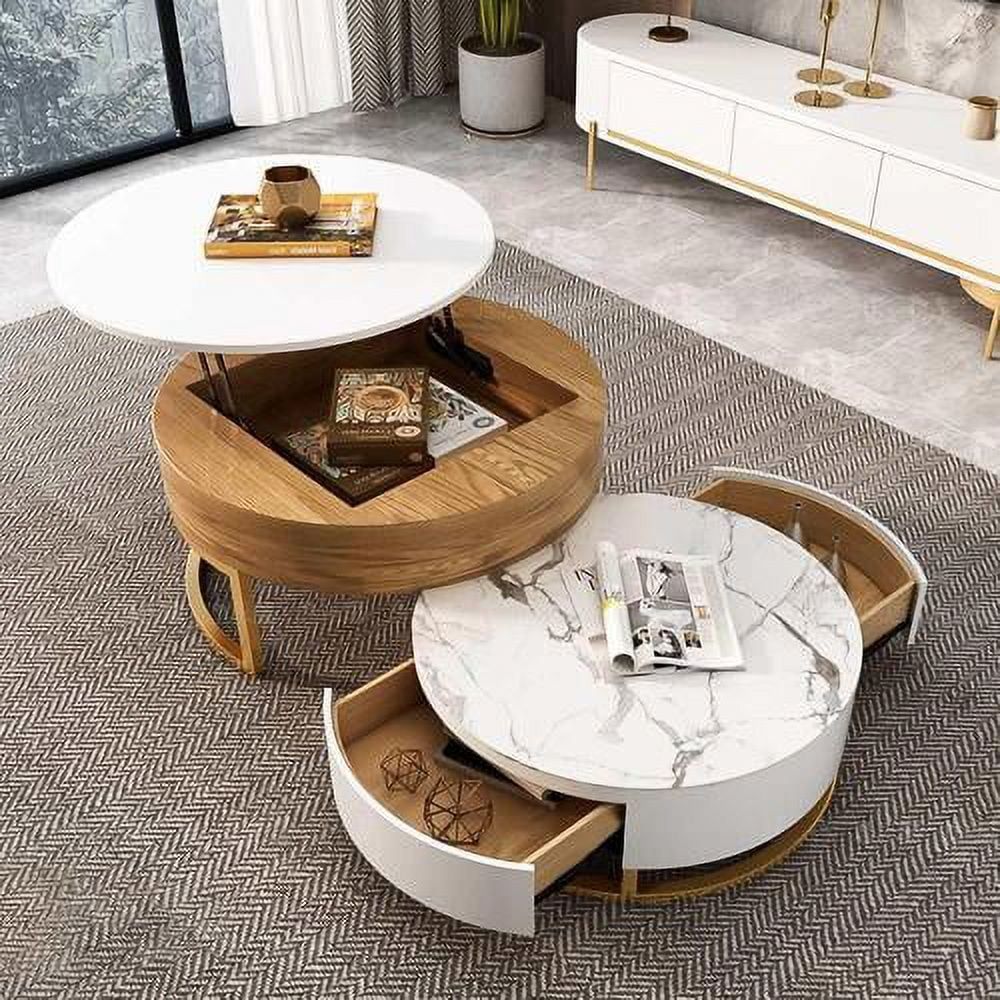 Lift Top Coffee Table With Hidden Compartment White Round Coffee Tables For  Living Room Coffee Shop Elegance Gold Frame Center Table With Sintered  Stone Top For Apartment, Bedroom,  (View 14 of 15)