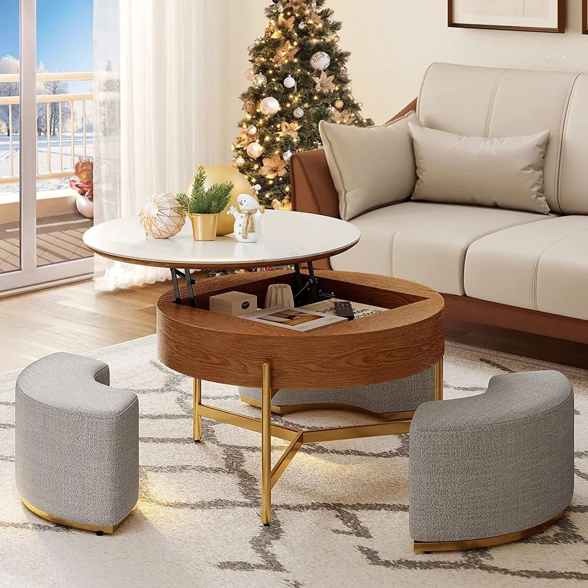Lift Top Round Coffee Table With Hidden Storage Compartment 3 Stools Living  Room | Ebay Within Modern Coffee Tables With Hidden Storage Compartments (View 4 of 15)