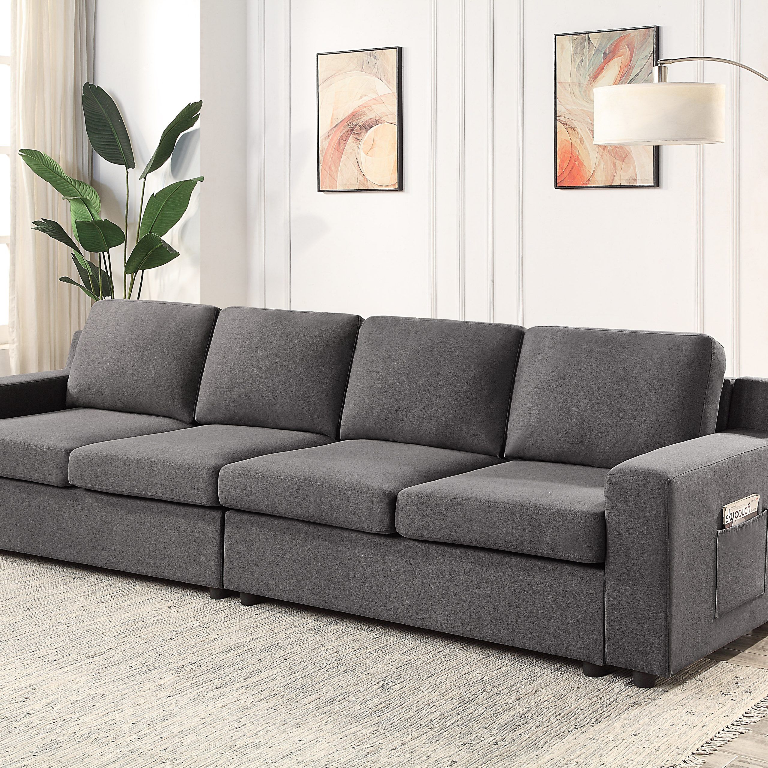 Lilola Waylon Gray Linen 4 Seater Sofa With Pockets | Wayfair Inside Gray Linen Sofas (Photo 1 of 15)