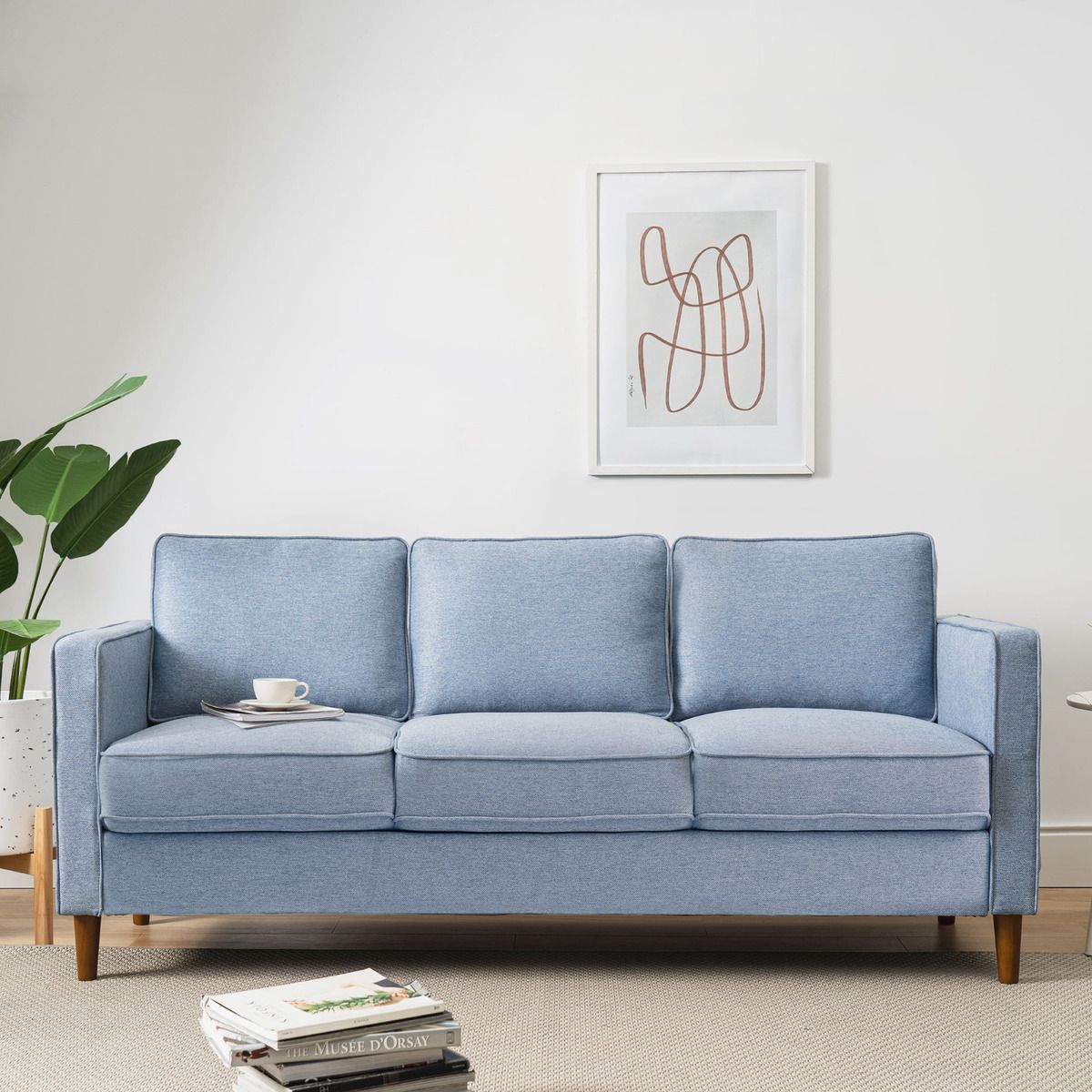 Living Room Sofa Couch Modern 3 Seater Blue Linen Couch With Armrest  Pockets | Ebay For Modern Blue Linen Sofas (View 3 of 15)