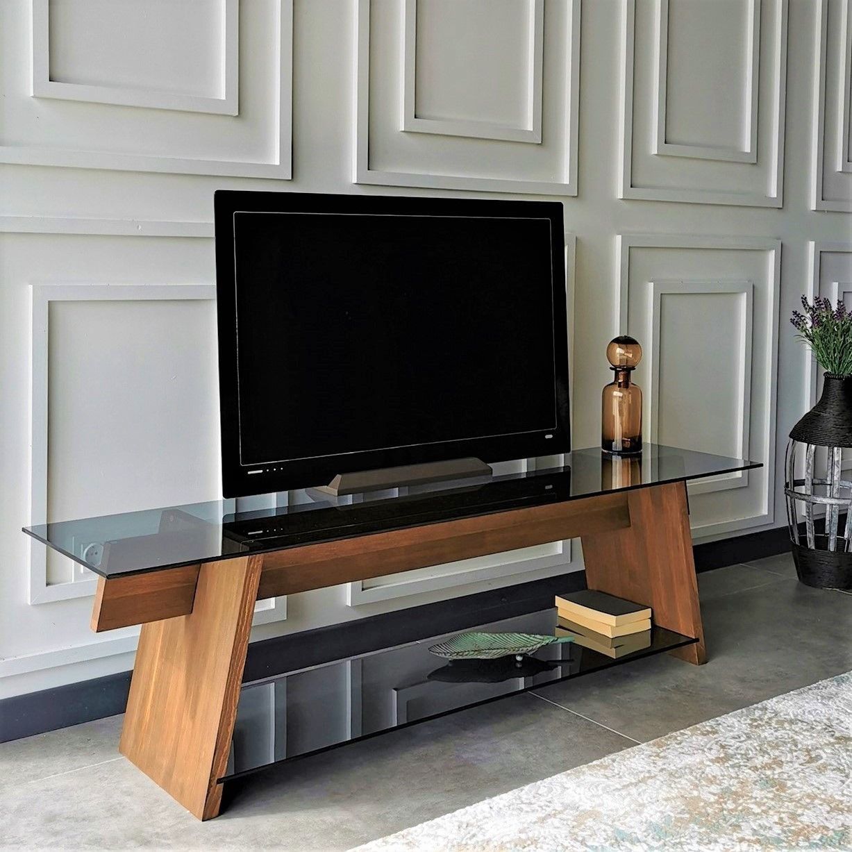 Locelso Tv Stand | 100% Tempered Glass | Solid Pine Frame | Walnut Black –  Emob | Emob Throughout Walnut Entertainment Centers (View 8 of 15)