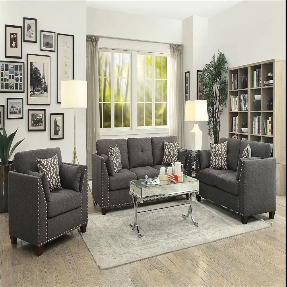 Loveseat Sofa W/4 Pillows In Light Charcoal Linen With Solid Wood Legs –  Bed Bath & Beyond – 34930448 With Regard To Light Charcoal Linen Sofas (Photo 1 of 15)
