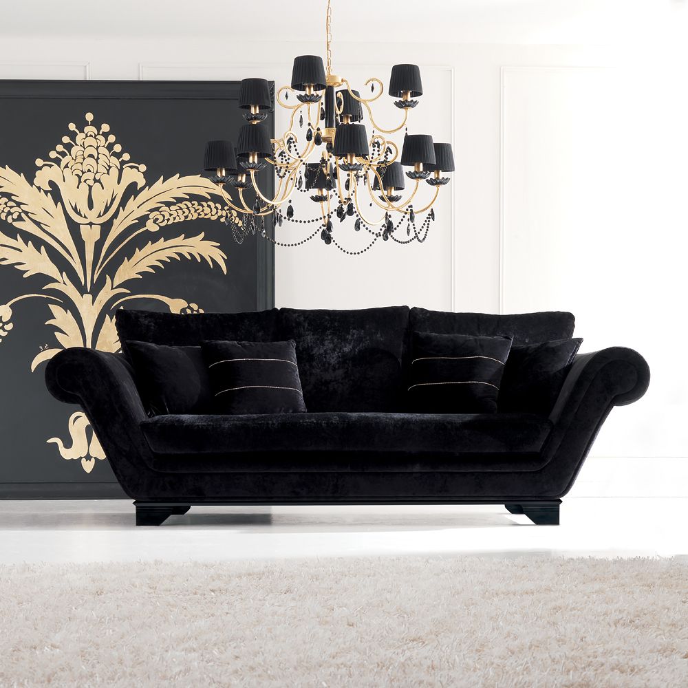 Luxurious Modern Black Velvet Three Seater Sofa – Juliettes Interiors Throughout Sofas In Black (Photo 6 of 15)