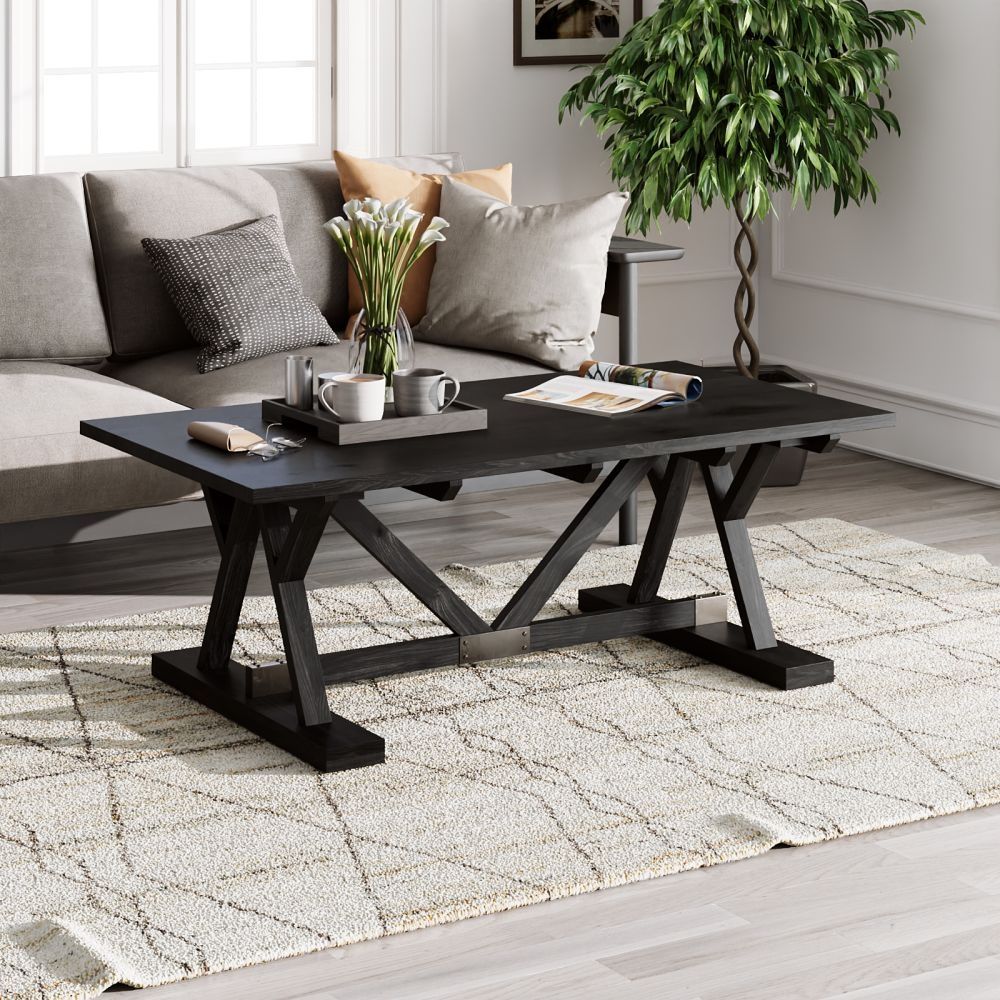 Maddox Black Painted Coffee Table, Solid Mango Wood Rectangular Top With  Trestle Base Within Rectangular Coffee Tables With Pedestal Bases (View 5 of 15)