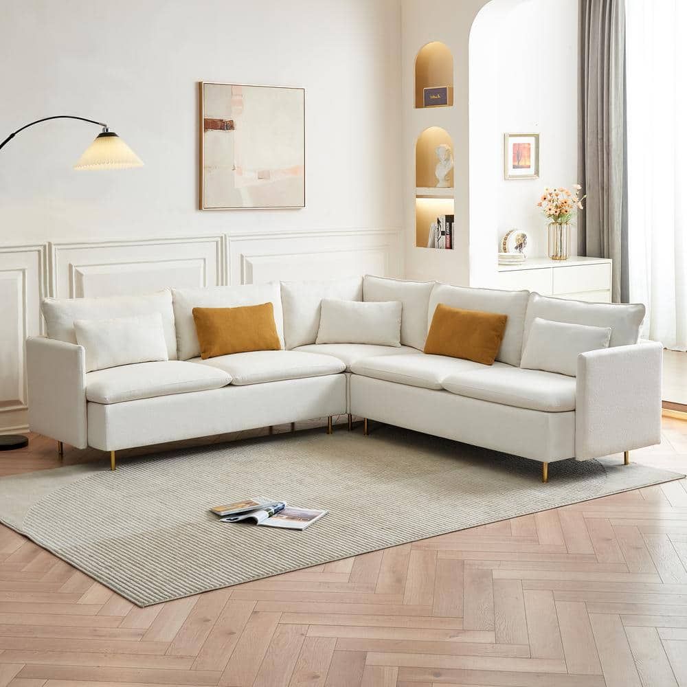 Magic Home 92 In. Beige Teddy Fabric Modern L Shaped Corner Sectional Sofa  With Pillows And Metal Legs For Living Room Apartment Cs Gs006096aae – The  Home Depot With Regard To Beige L Shaped Sectional Sofas (Photo 2 of 15)
