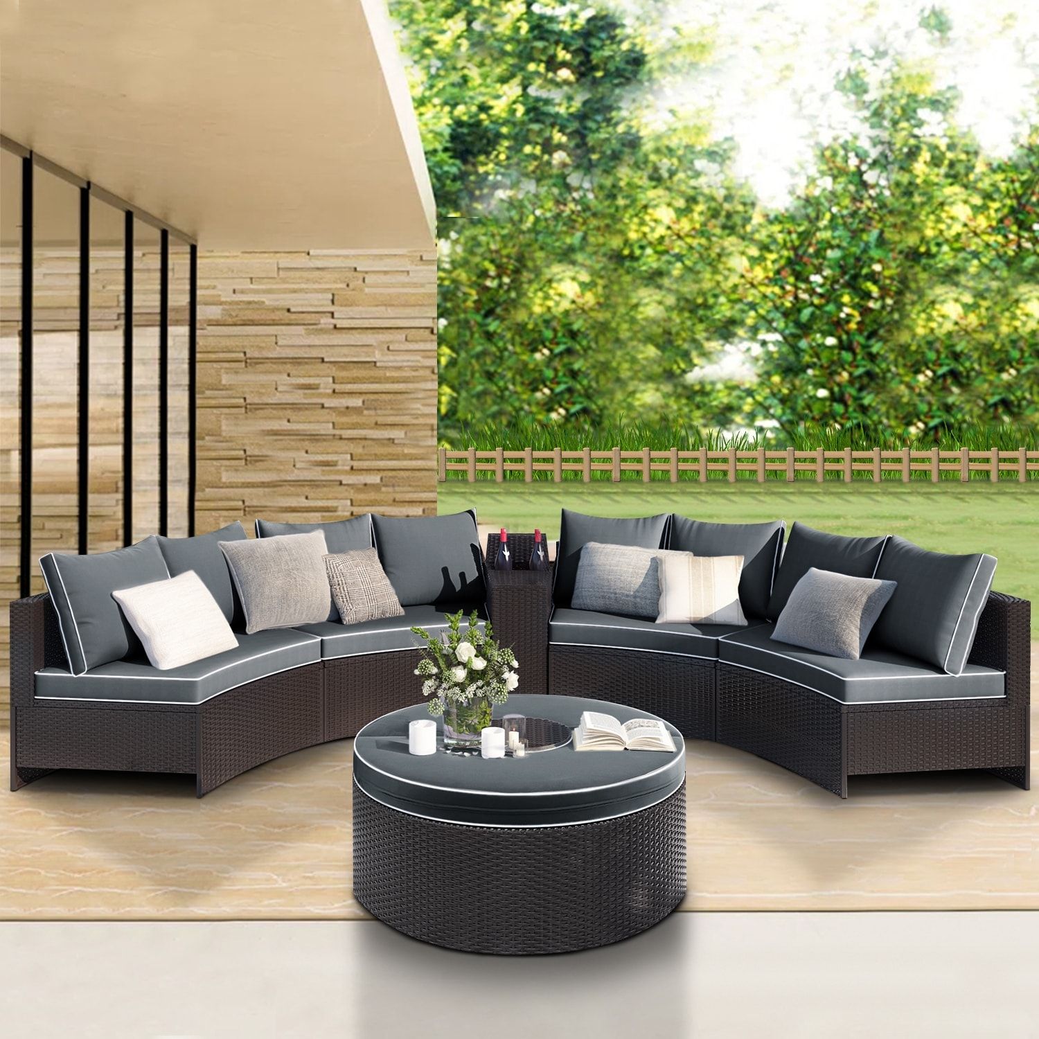 Maincraft 6 Pieces Outdoor Sectional Half Round Patio Rattan Sofa Set, Pe  Wicker Conversation Furniture Set W/ One Storage Side Table For Umbrella  And One Multifunctional Round Table, Brown+ Gray In The In Outdoor Half Round Coffee Tables (View 9 of 15)