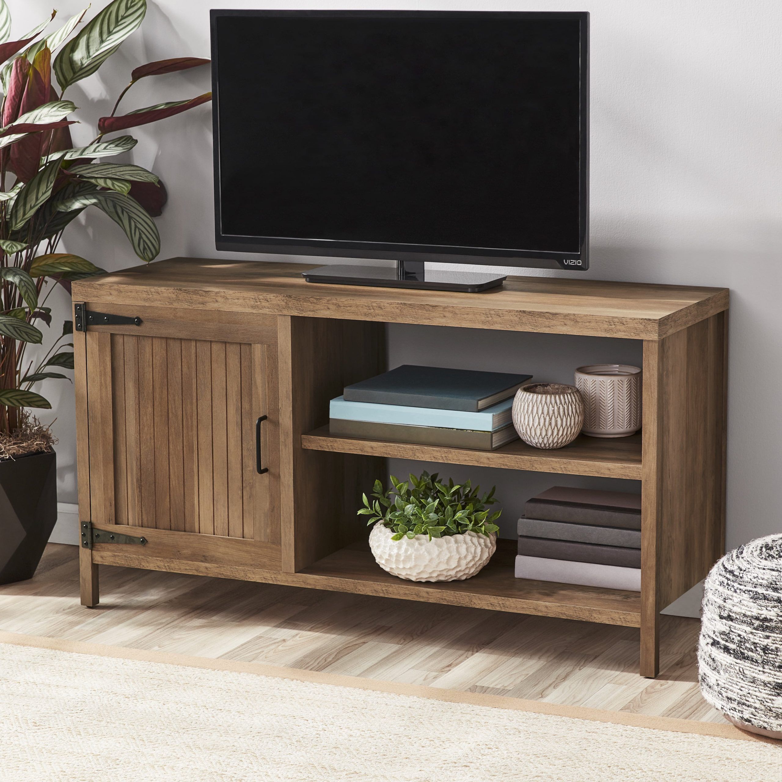 Mainstays Farmhouse Tv Stand For Tvs Up To 50", Rustic Weathered Oak –  Walmart Throughout Farmhouse Stands For Tvs (View 11 of 15)