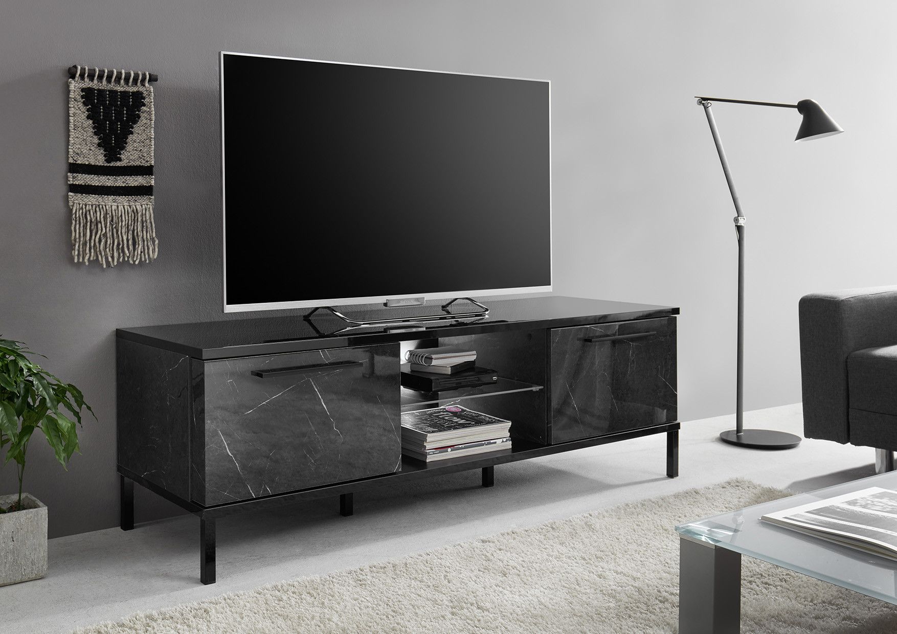 Mango 156cm Black Marble Gloss Tv Unit With Led Lights – Tv Stands (4402) –  Sena Home Furniture In Black Marble Tv Stands (View 4 of 15)