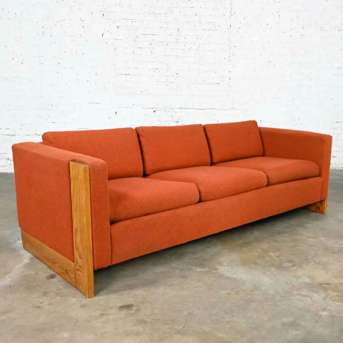 Mid Century Modern To Modern Rust Or Burnt Orange Tuxedo Style Sofa Oak  Frame | Ebay With Regard To Mid Century Modern Sofas (View 15 of 15)