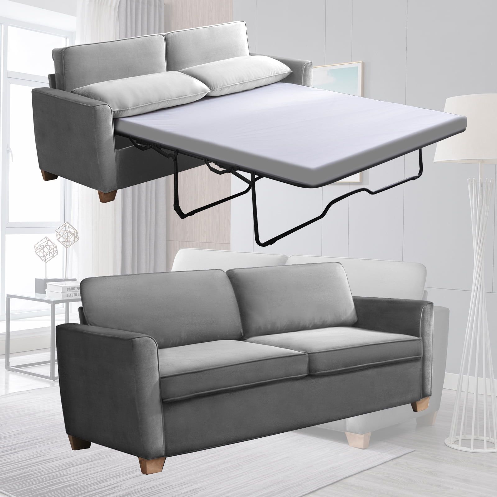 Mixoy 2 In 1 Pull Out Sofa Bed, Velvet Loveseat Sleeper Sofa Bed With  Folding Mattress, Pull Out Couch Bed Suitable For Living Room, Full Size Sofa  Sleeper For Apartment/small Spaces (full,dark Grey) – With 2 In 1 Gray Pull Out Sofa Beds (View 2 of 15)