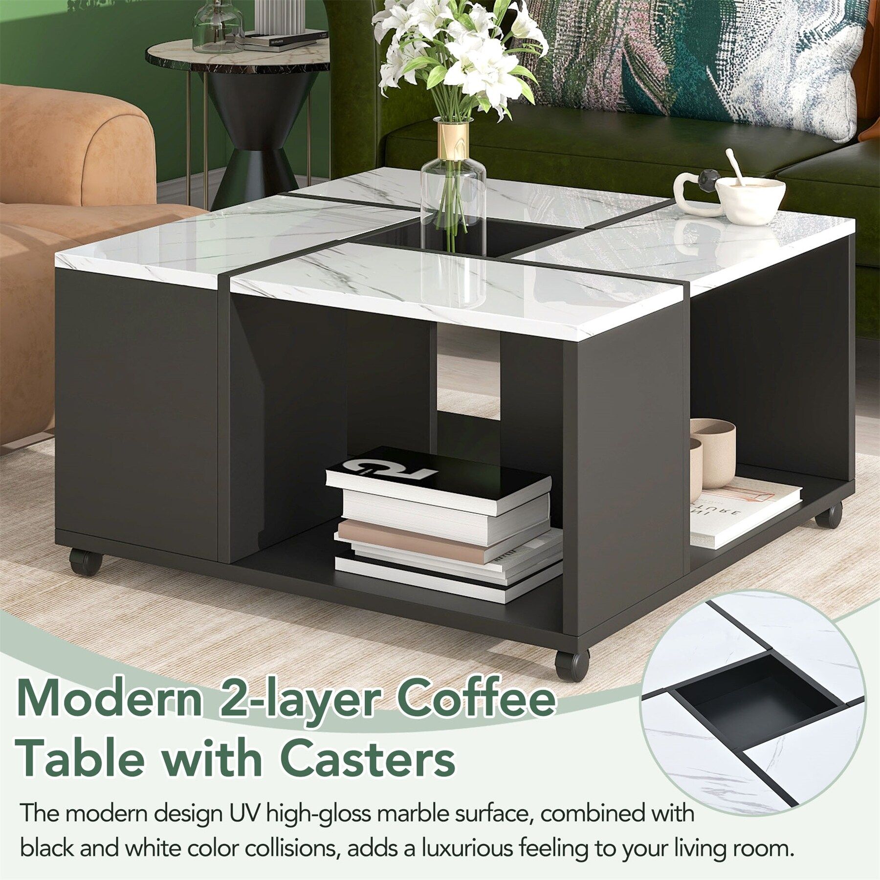 Modern 2 Layer Coffee Table With Casters, Removable Tray – On Sale – Bed  Bath & Beyond – 37527164 Within Detachable Tray Coffee Tables (Photo 12 of 15)