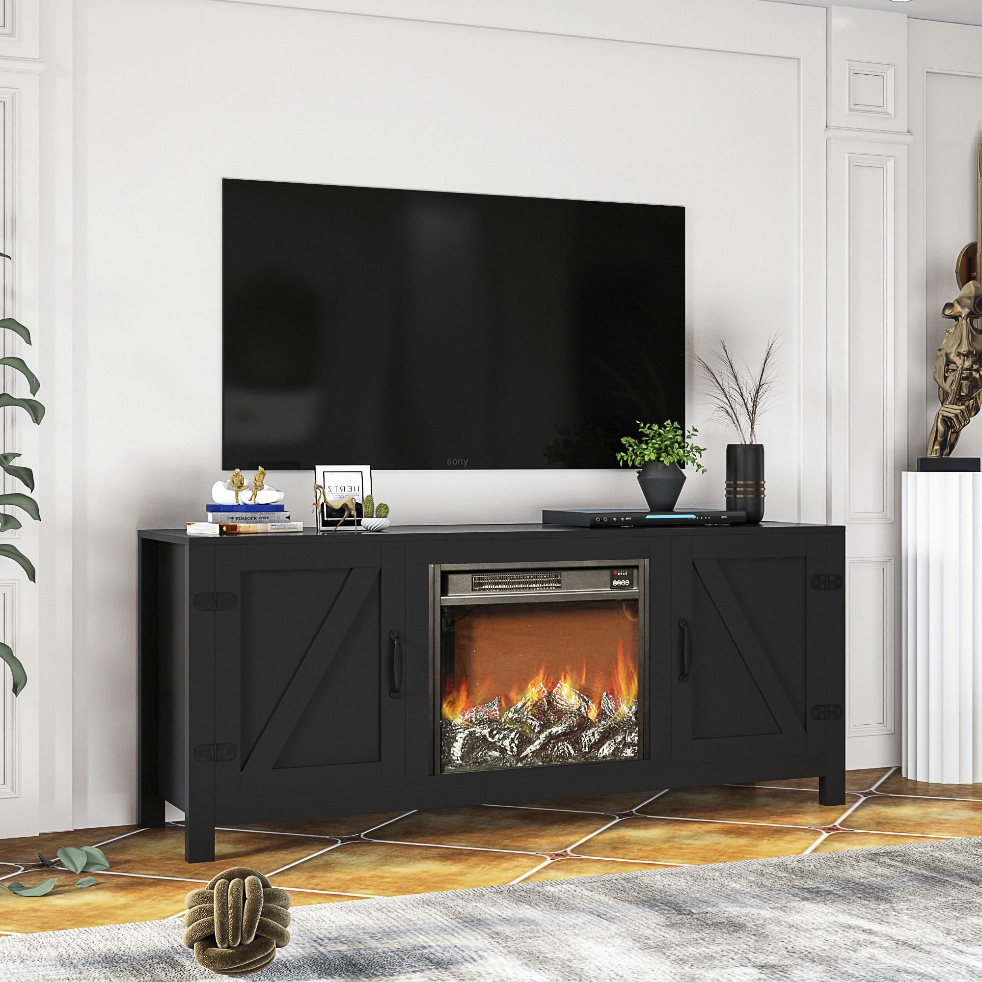 Modern 58" Barn Door Wood Electric Fireplace Tv Stand, Media Entertainment  Center Console Table, For Tvs Up To 65 Inches With Two Open Shelves And  Cabinets, For Living Room, Black – Walmart Regarding Modern Fireplace Tv Stands (View 5 of 15)